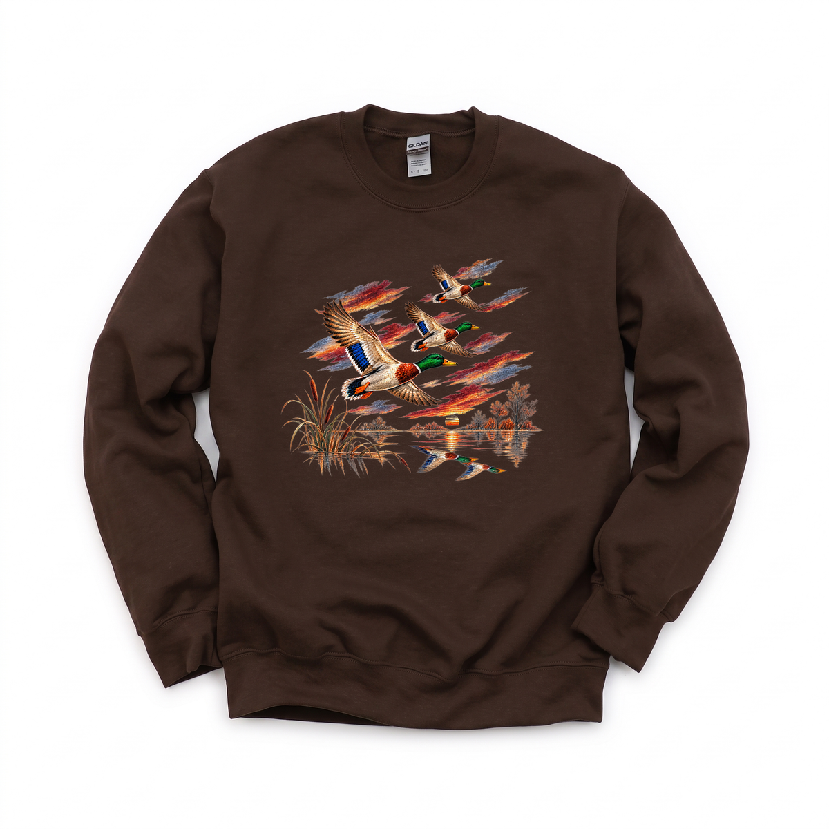 Flying Mallard Ducks graphic on Gildan 18000 in Dark Chocolate