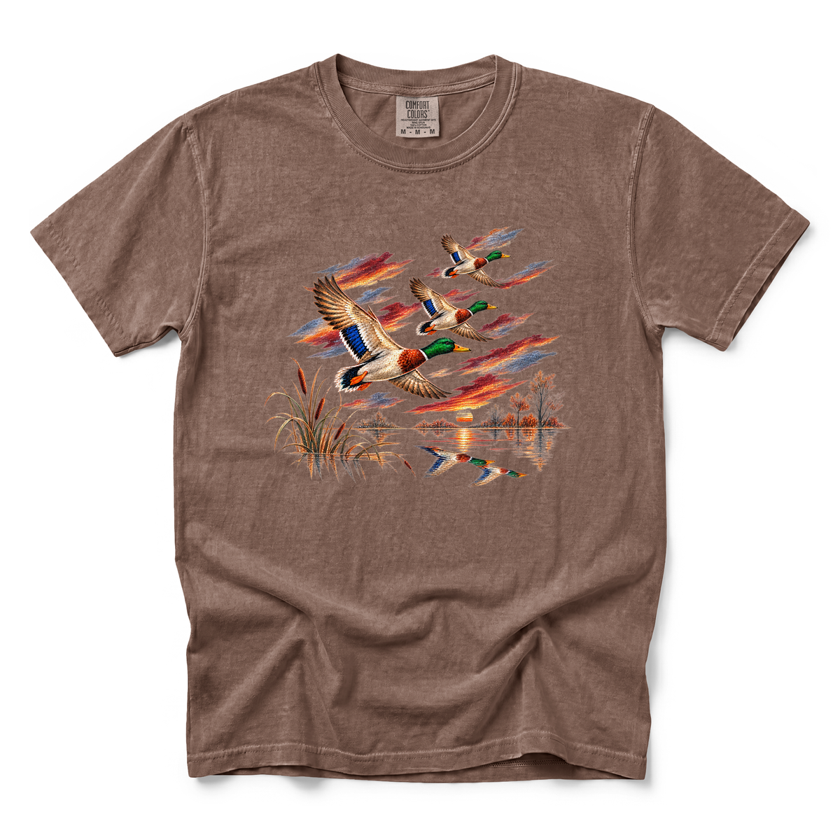 Flying Mallard Ducks graphic on Comfort Colors 1717 in Espresso