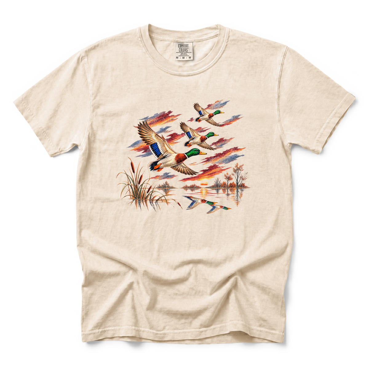 Flying Mallard Ducks graphic on Comfort Colors 1717 in Ivory