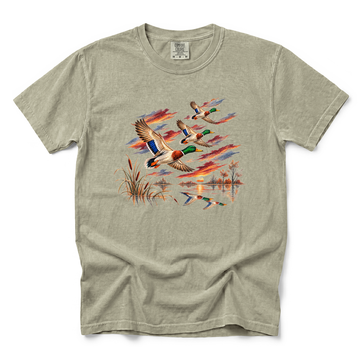 Flying Mallard Ducks graphic on Comfort Colors 1717 in Khaki
