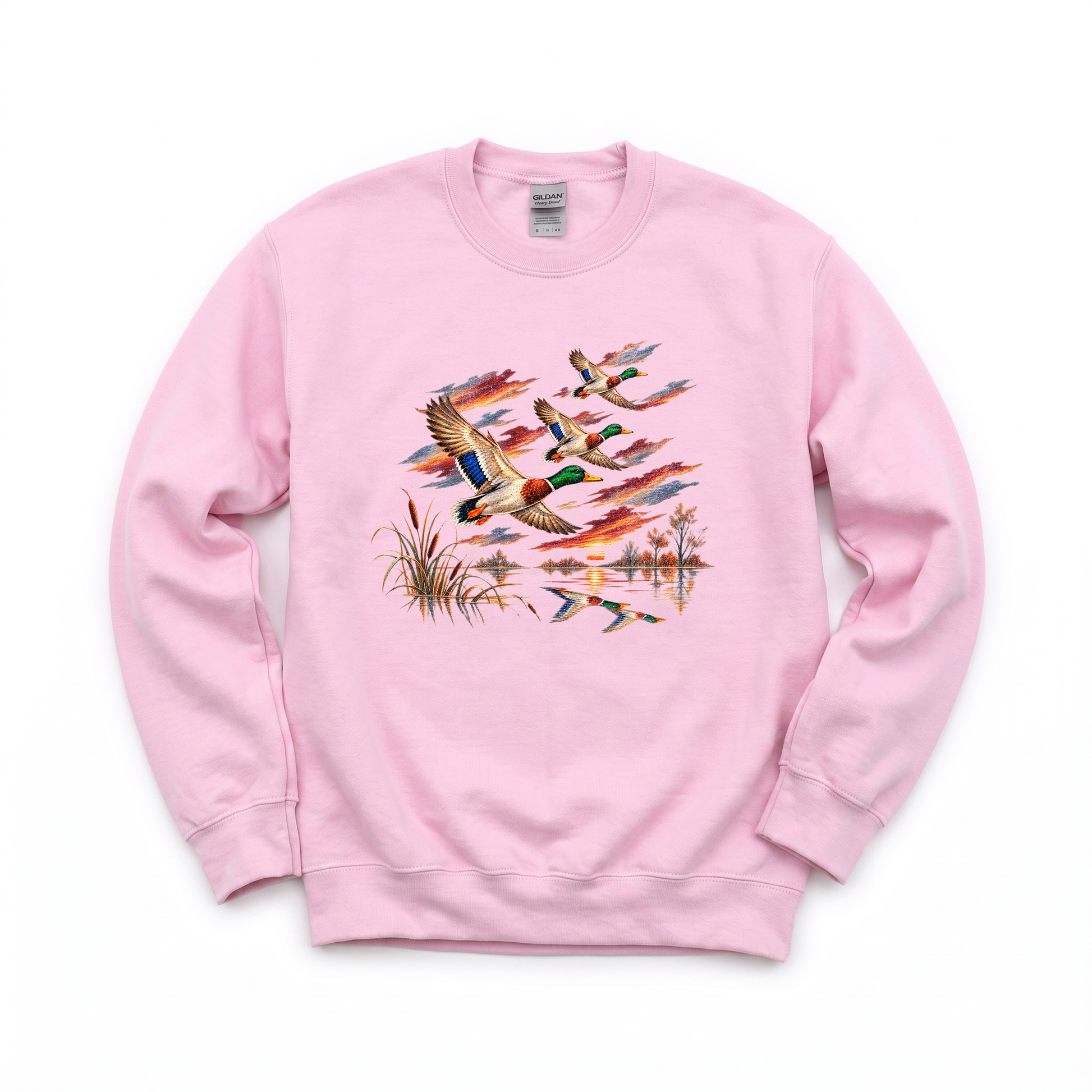 Flying Mallard Ducks graphic on Gildan 18000 in Light Pink