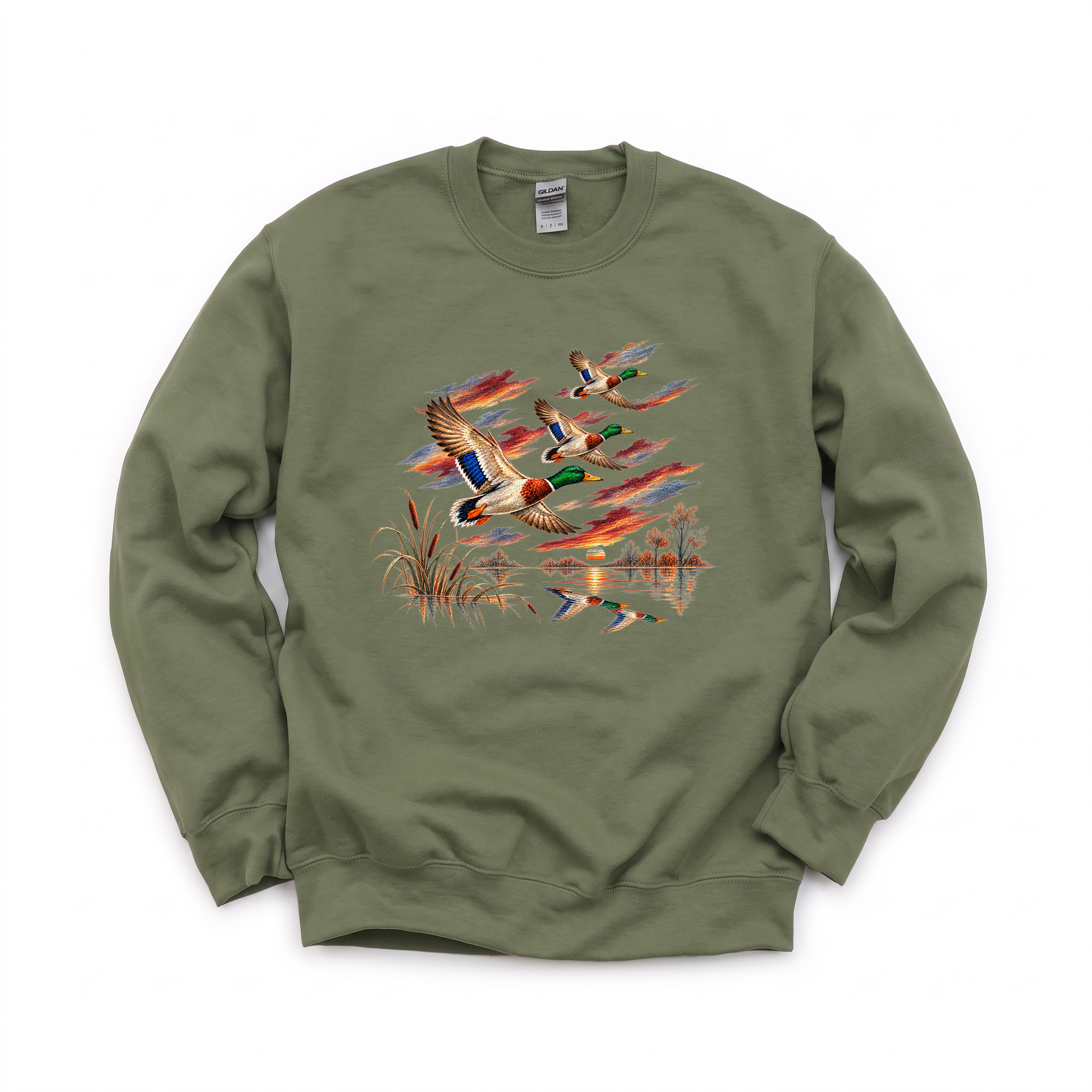 Flying Mallard Ducks graphic on Gildan 18000 in Military Green