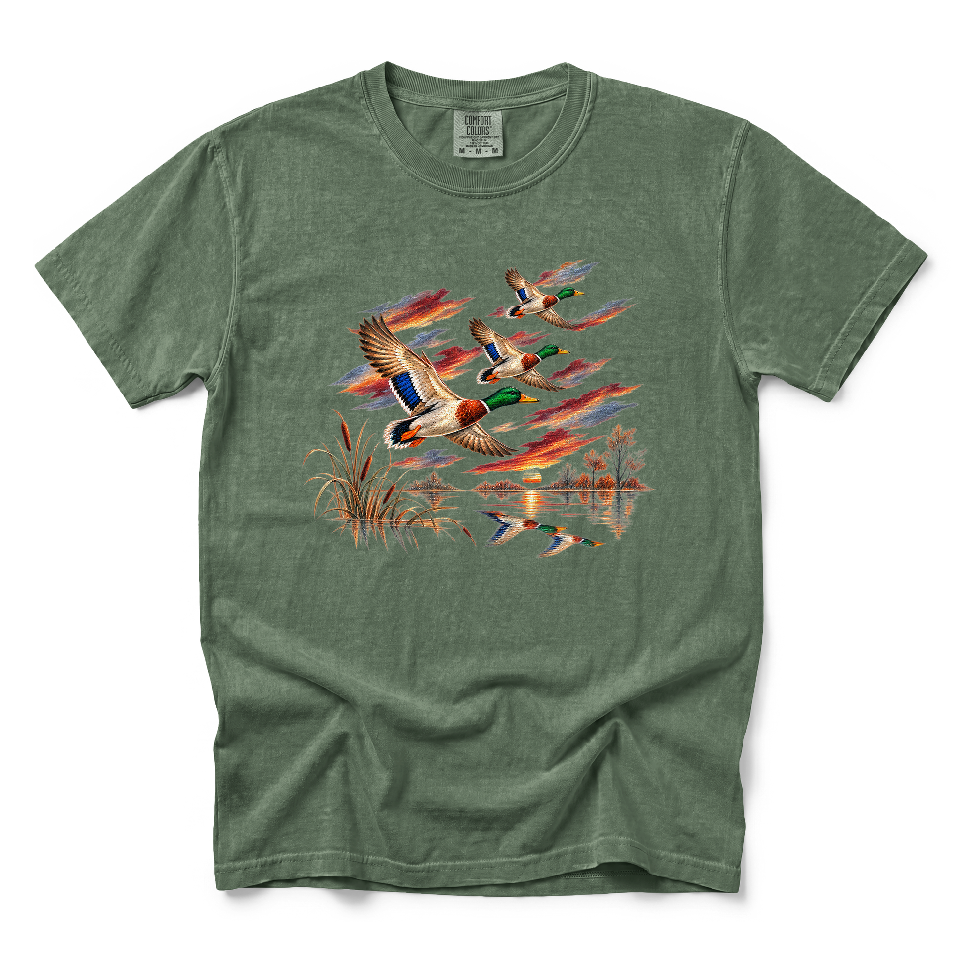 Flying Mallard Ducks graphic on Comfort Colors 1717 in Moss