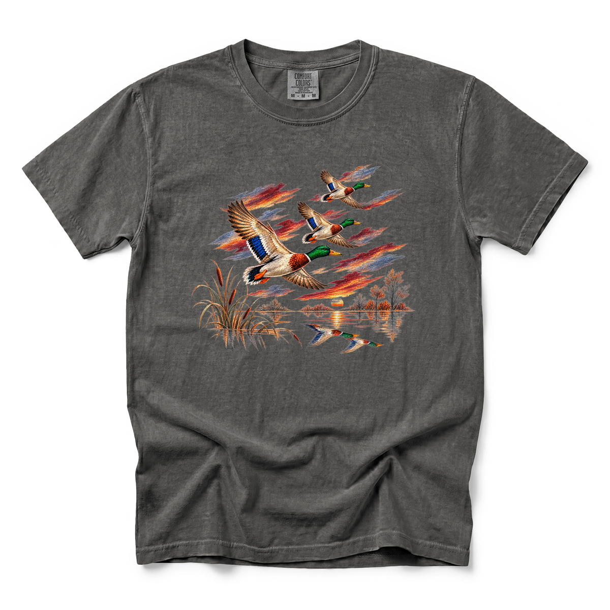 Flying Mallard Ducks graphic on Comfort Colors 1717 in Pepper