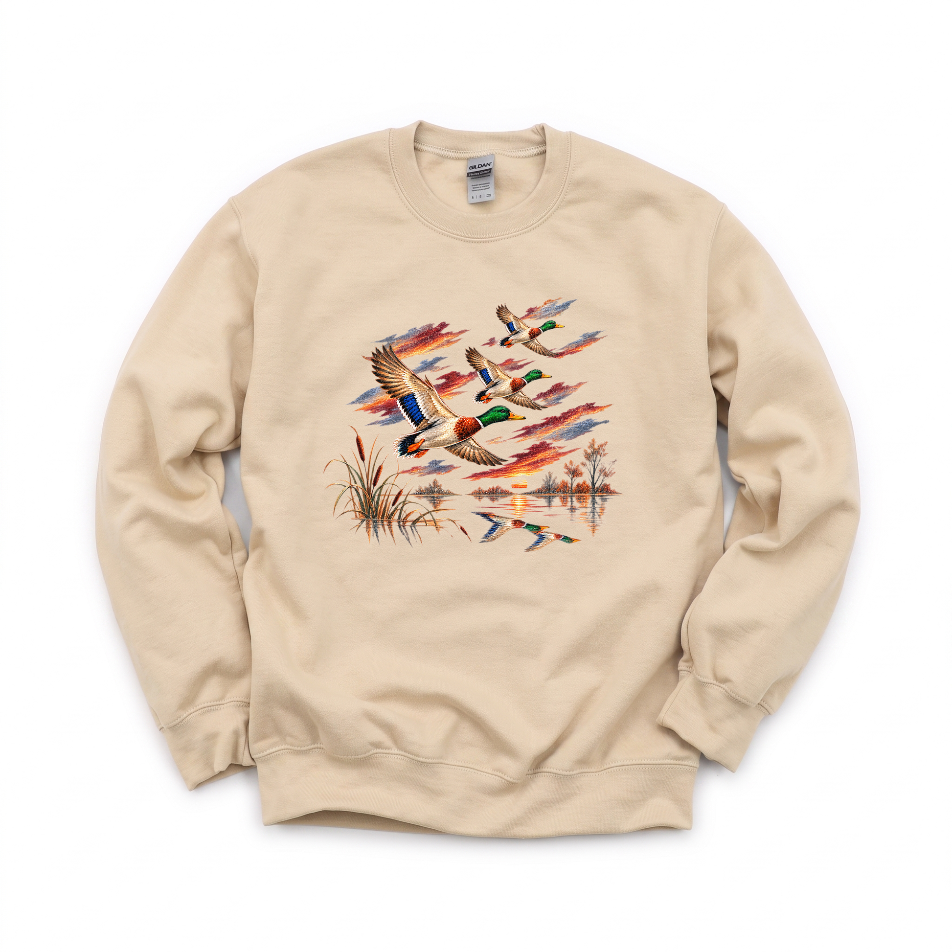 Flying Mallard Ducks graphic on Gildan 18000 in Sand
