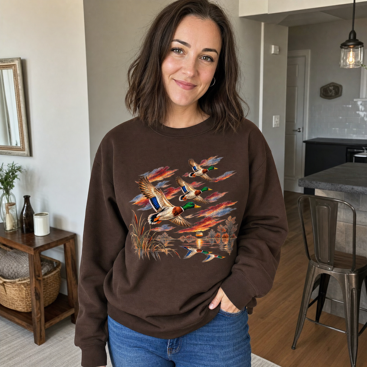 Model wearing the Flying Mallard Ducks sweatshirt in Dark Chocolate