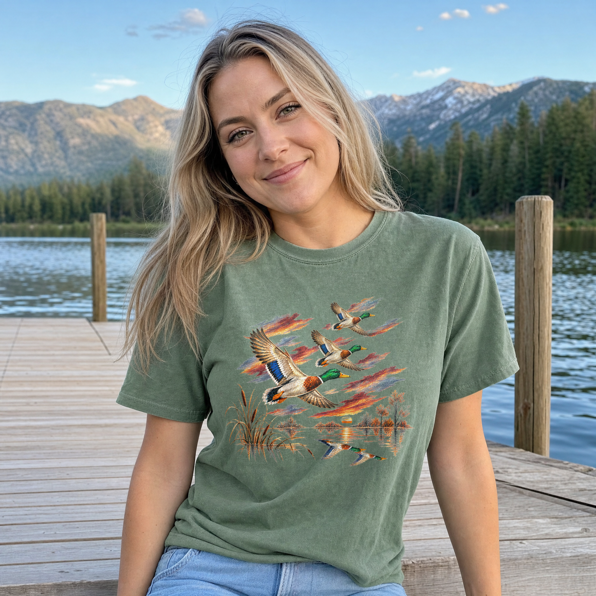 Model wearing the Flying Mallard Ducks comfort colors tee in Moss