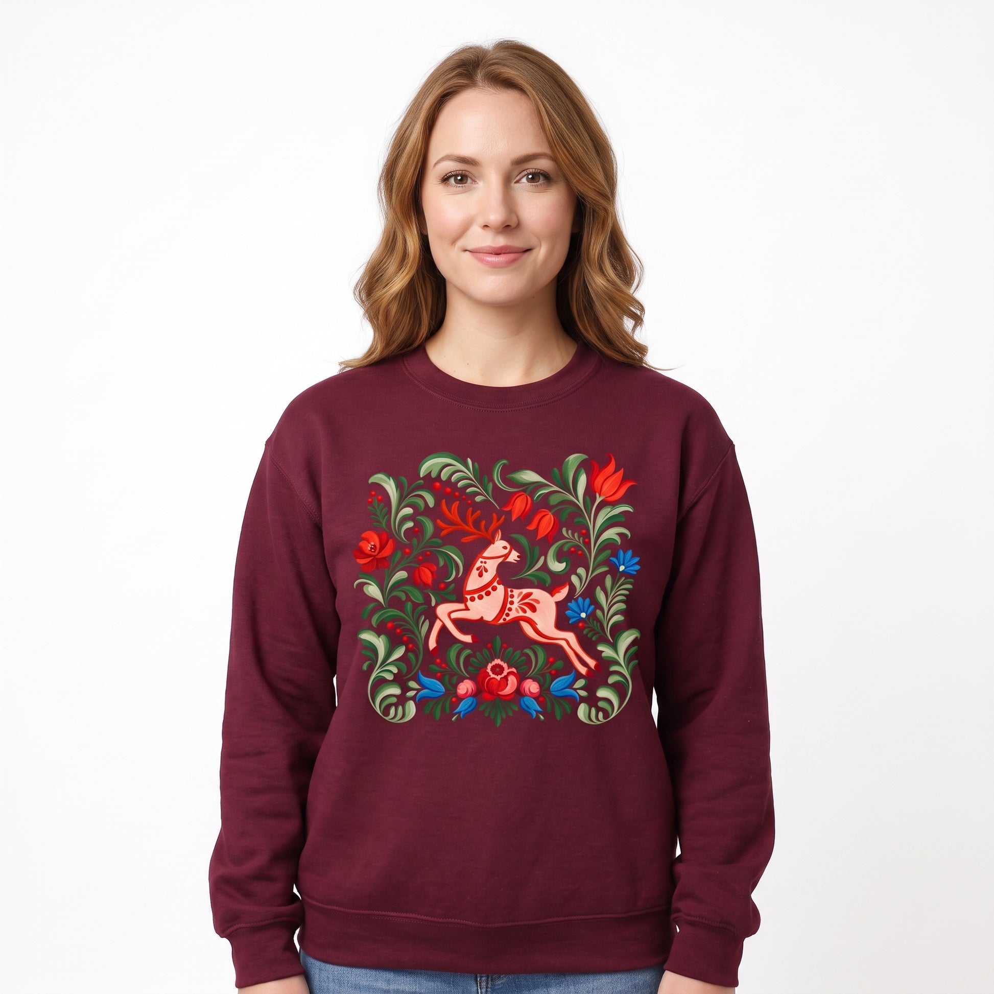 Model wearing the Folk Art Deer sweatshirt in Maroon, cover image 1