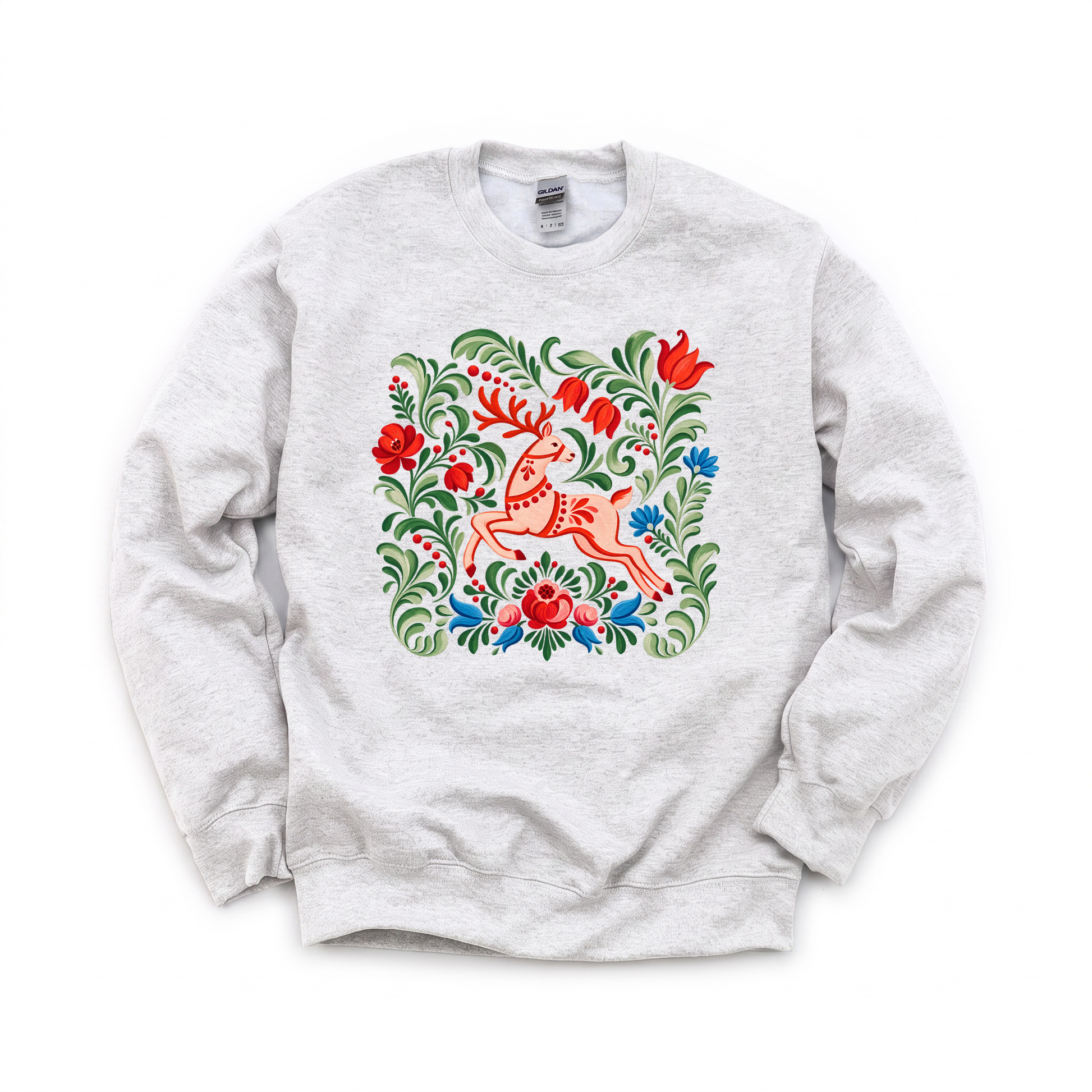 Folk Art Deer graphic on Gildan 18000 in Ash