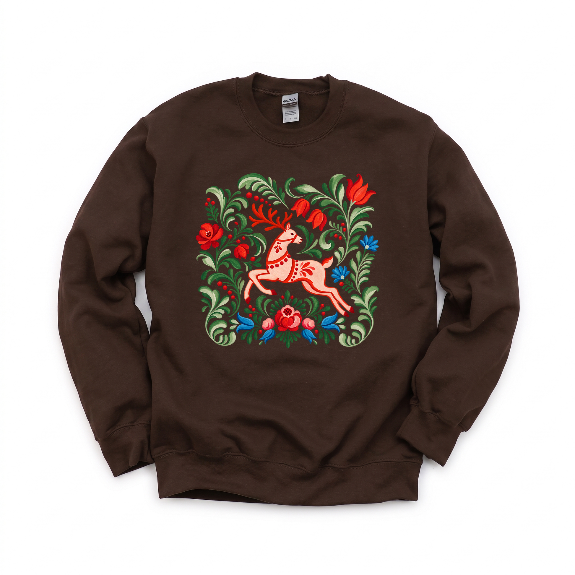 Folk Art Deer graphic on Gildan 18000 in Dark Chocolate