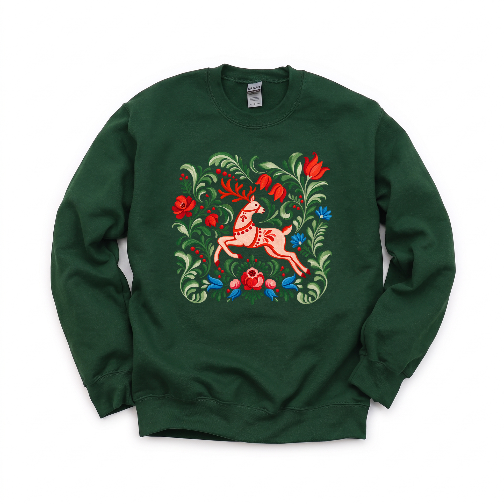 Folk Art Deer graphic on Gildan 18000 in Forest Green