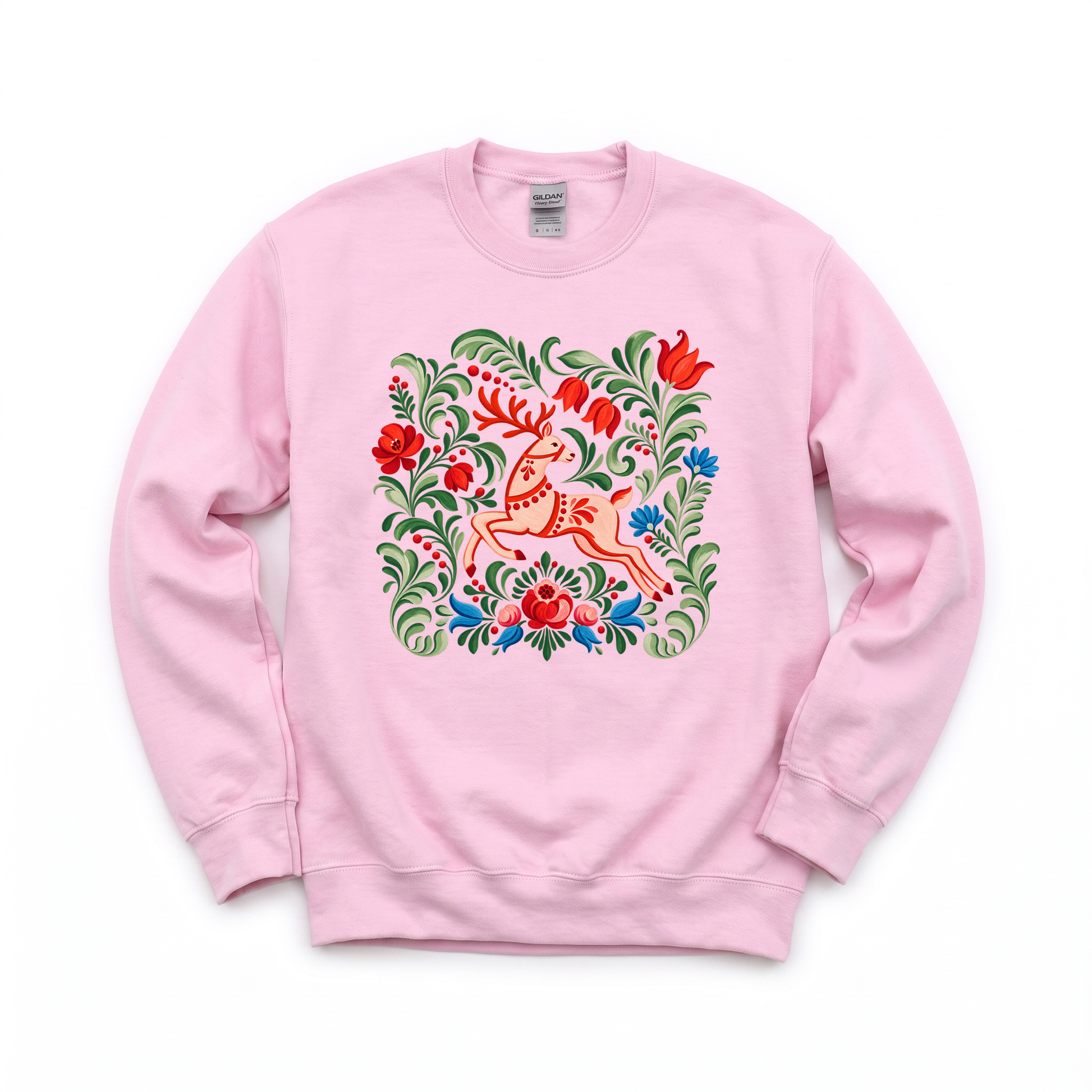 Folk Art Deer graphic on Gildan 18000 in Light Pink