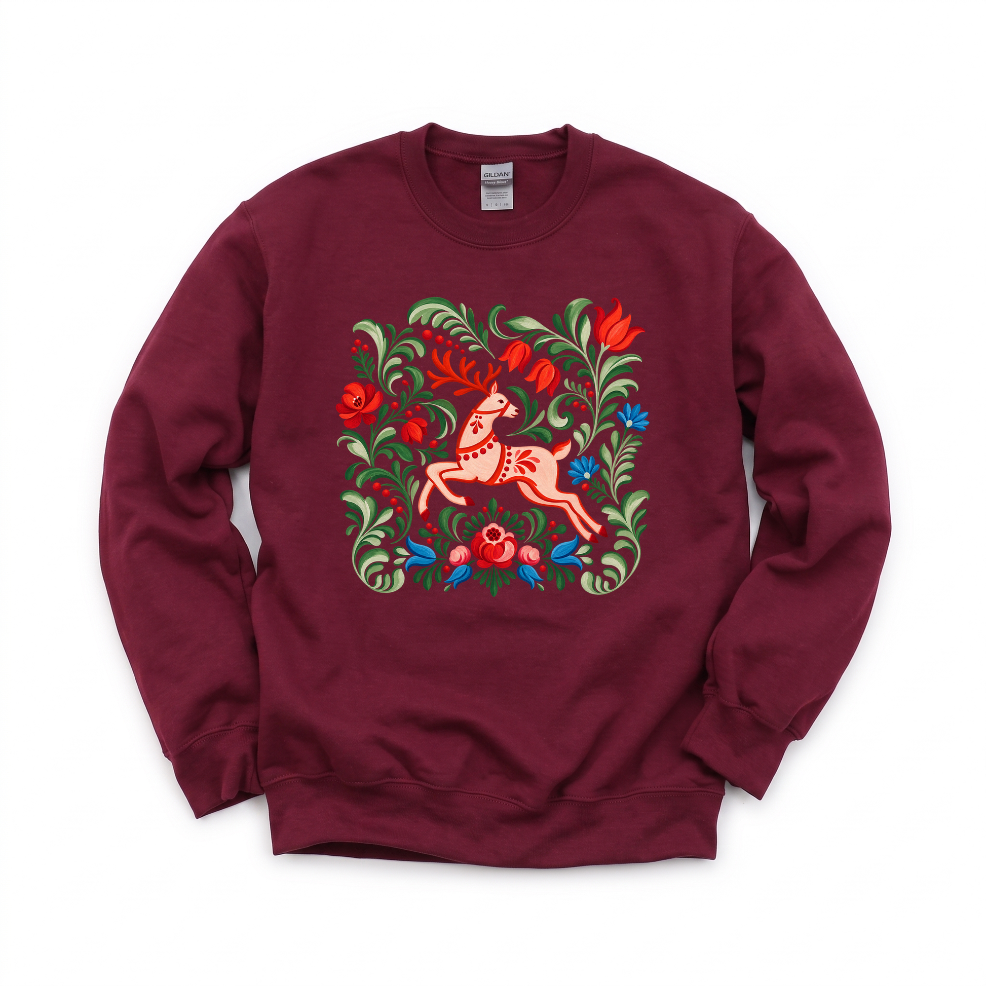 Folk Art Deer graphic on Gildan 18000 in Maroon