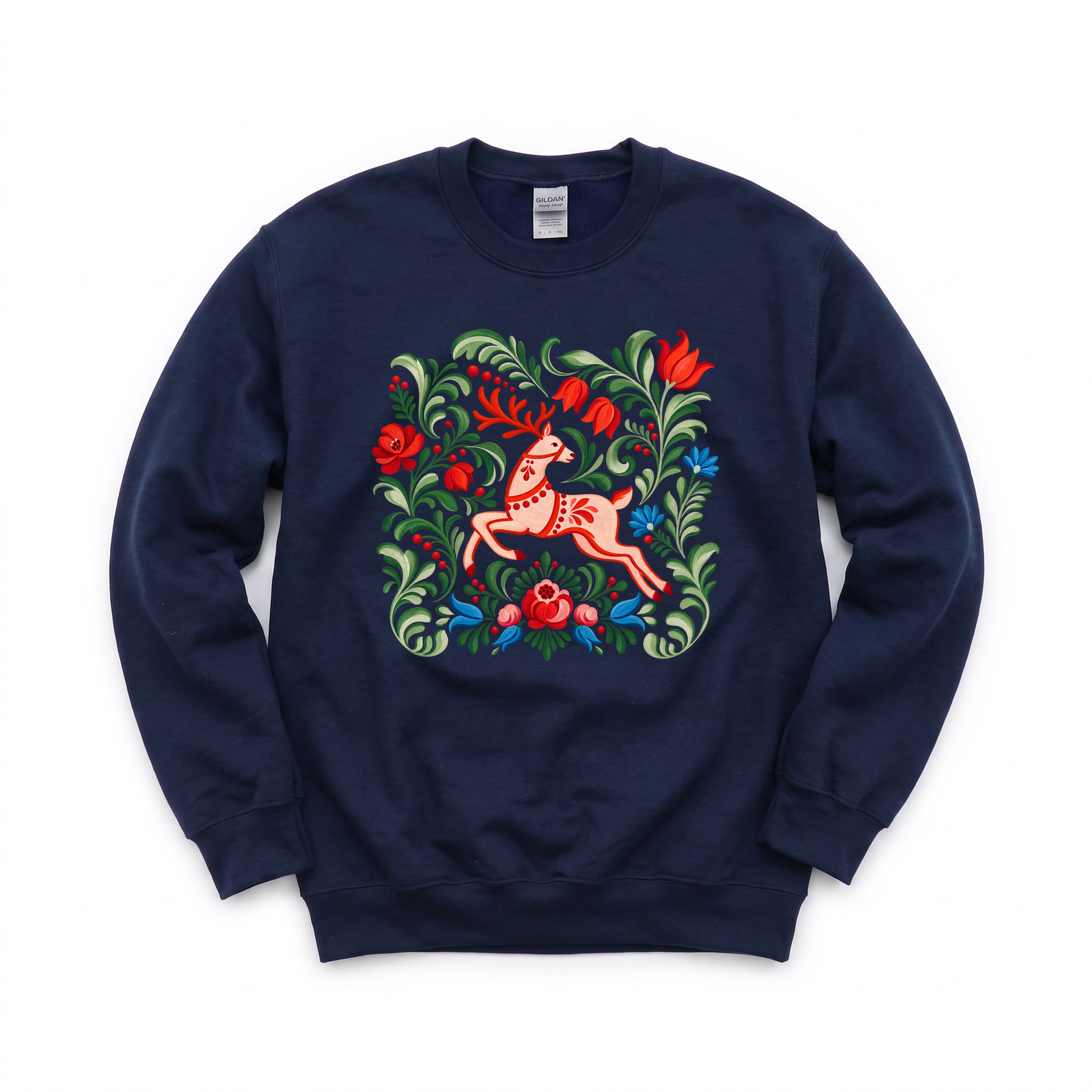 Folk Art Deer graphic on Gildan 18000 in Navy