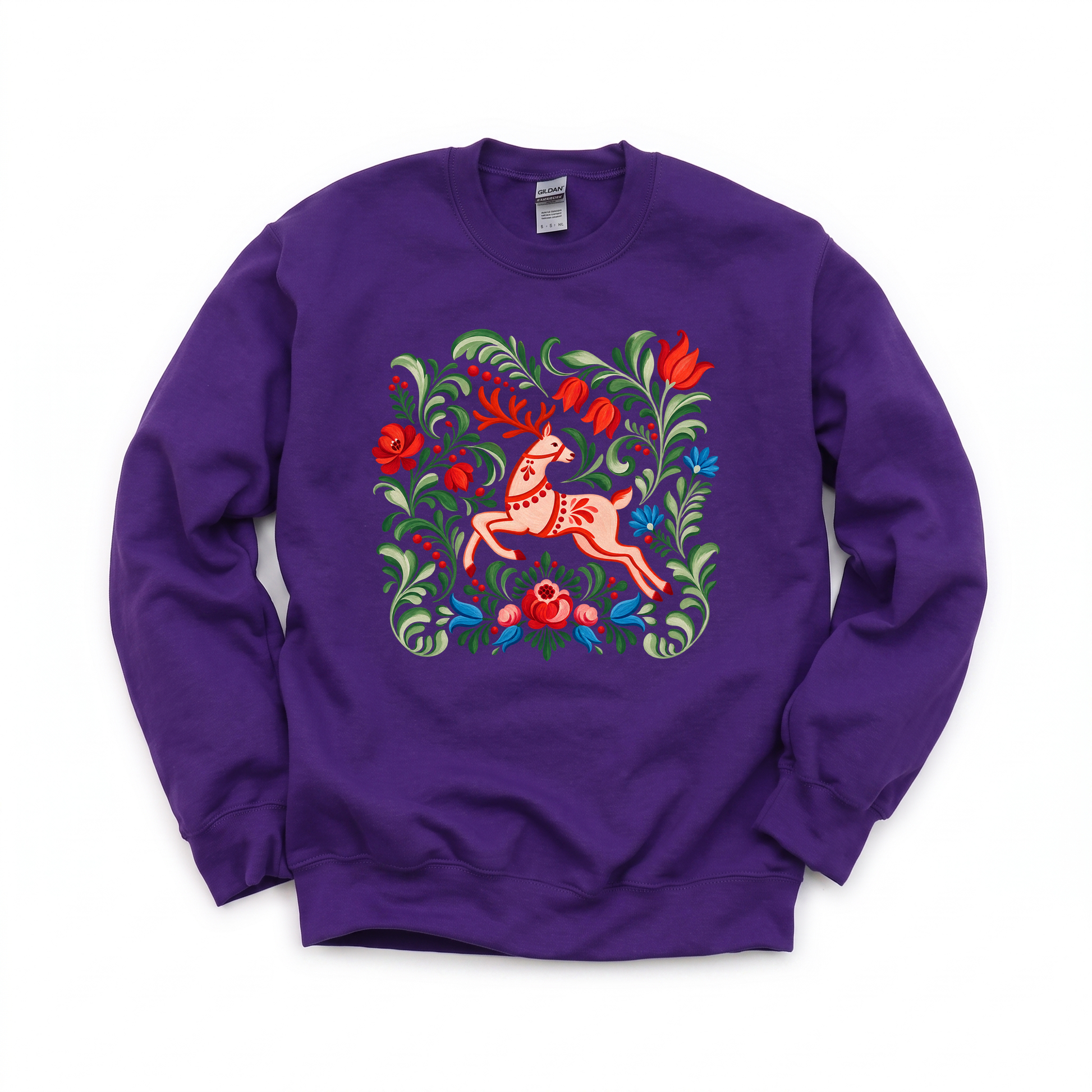 Folk Art Deer graphic on Gildan 18000 in Purple