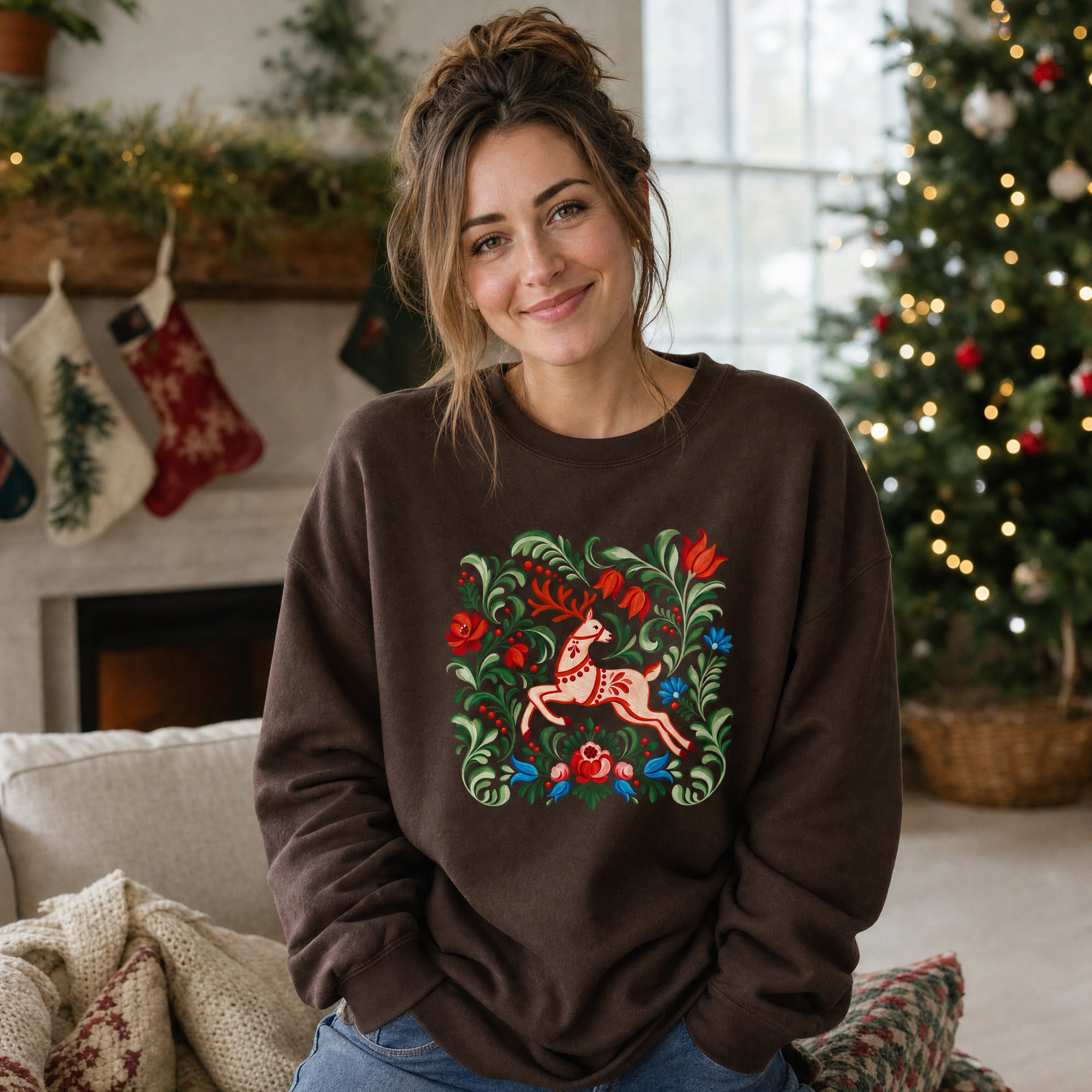 Model wearing the Folk Art Deer sweatshirt in Dark Chocolate
