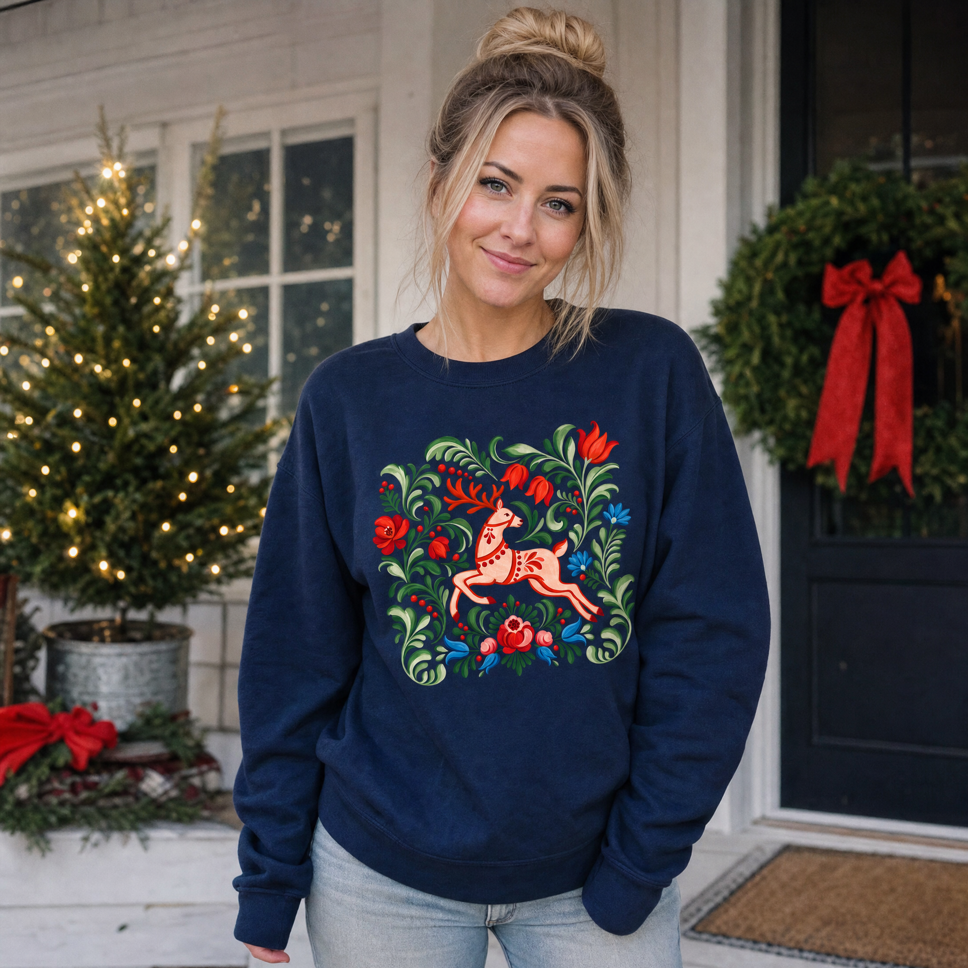 Model wearing the Folk Art Deer sweatshirt in Navy