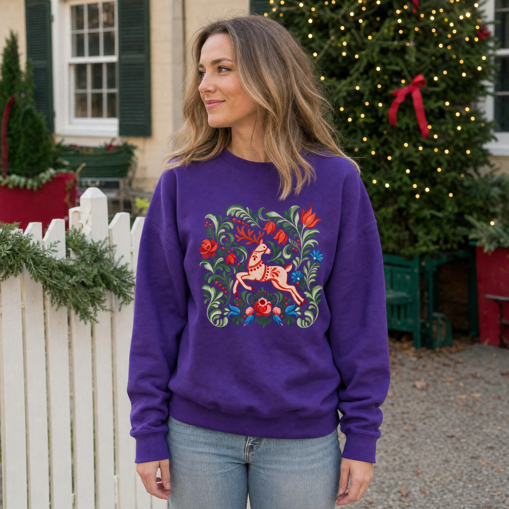 Model wearing the Folk Art Deer sweatshirt in Purple