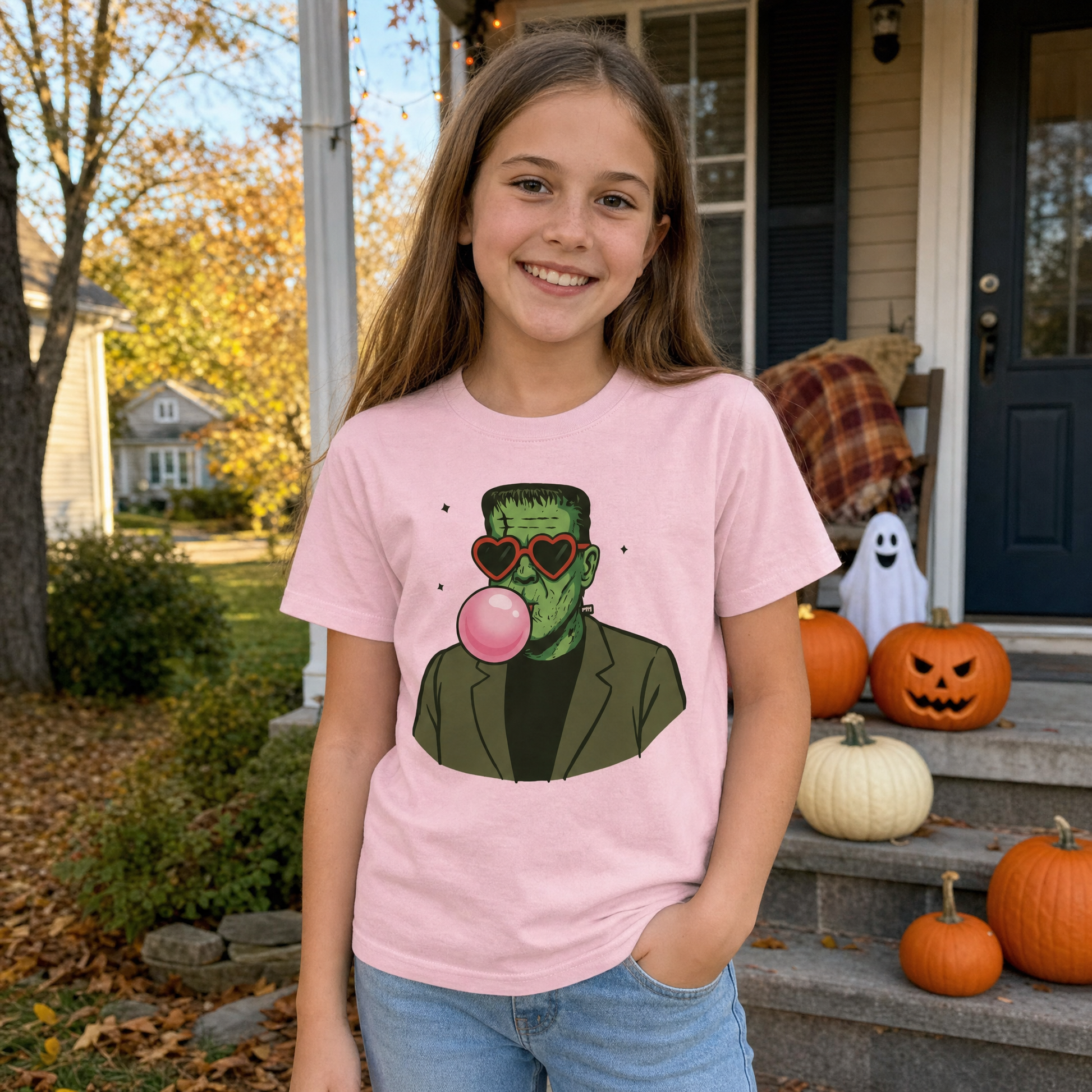 Model wearing the Frankenstein Monster youth comfort colors tee in Blossom