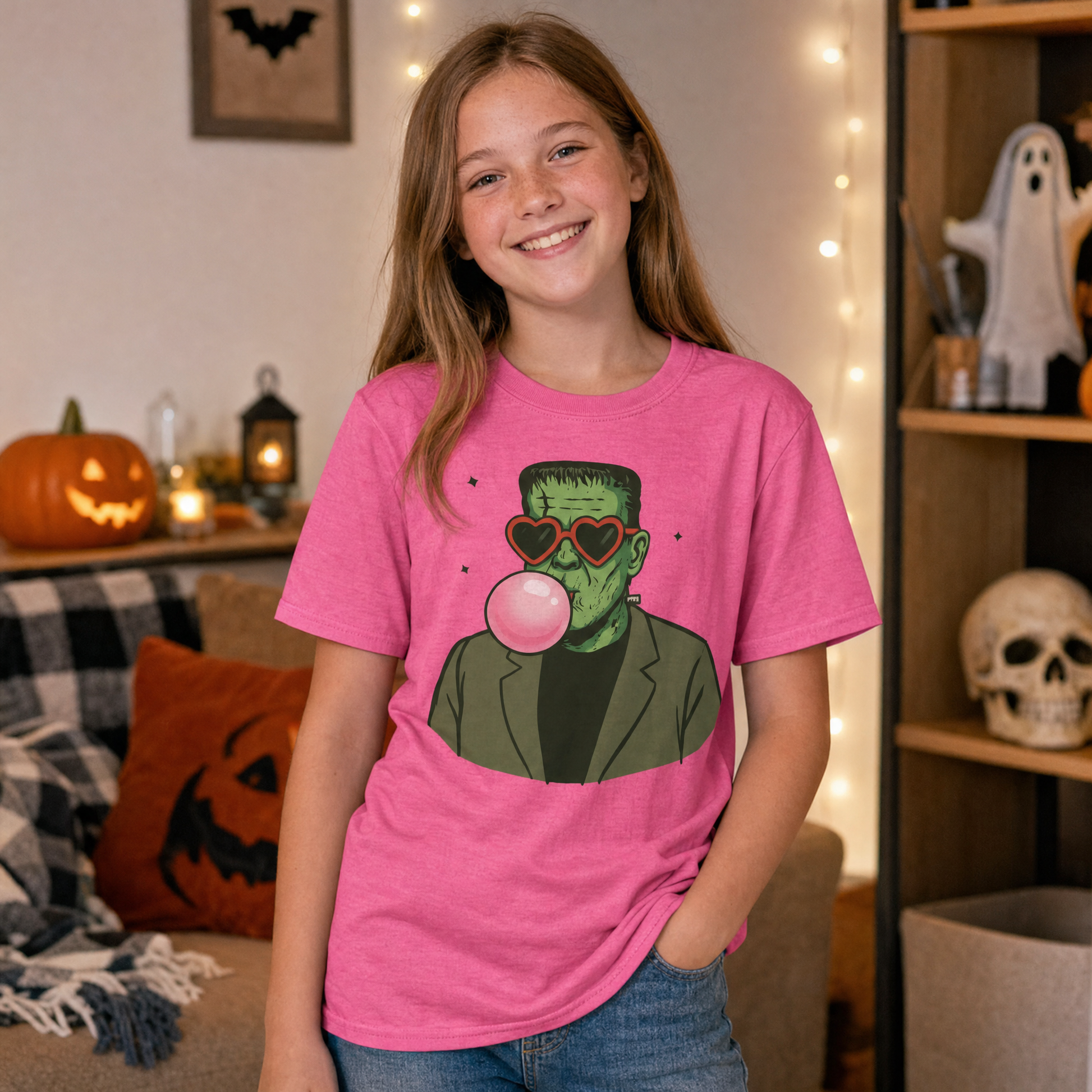 Model wearing the Frankenstein Monster youth comfort colors tee in Crunchberry, lifestyle image 1