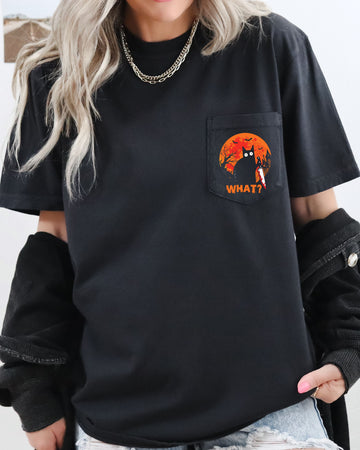 Funny Cat, What, Halloween, Spooky, Creepy, Pocket, Witch, Skeleton, Ghost, Bats, Haunted House Tee Comfort Colors T-Shirt
