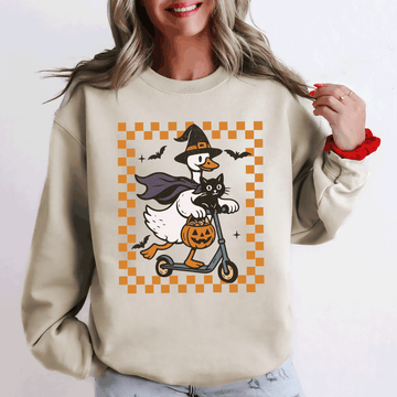 Funny Halloween Goose, Black Cat, Witch, Checkered Sweatshirt