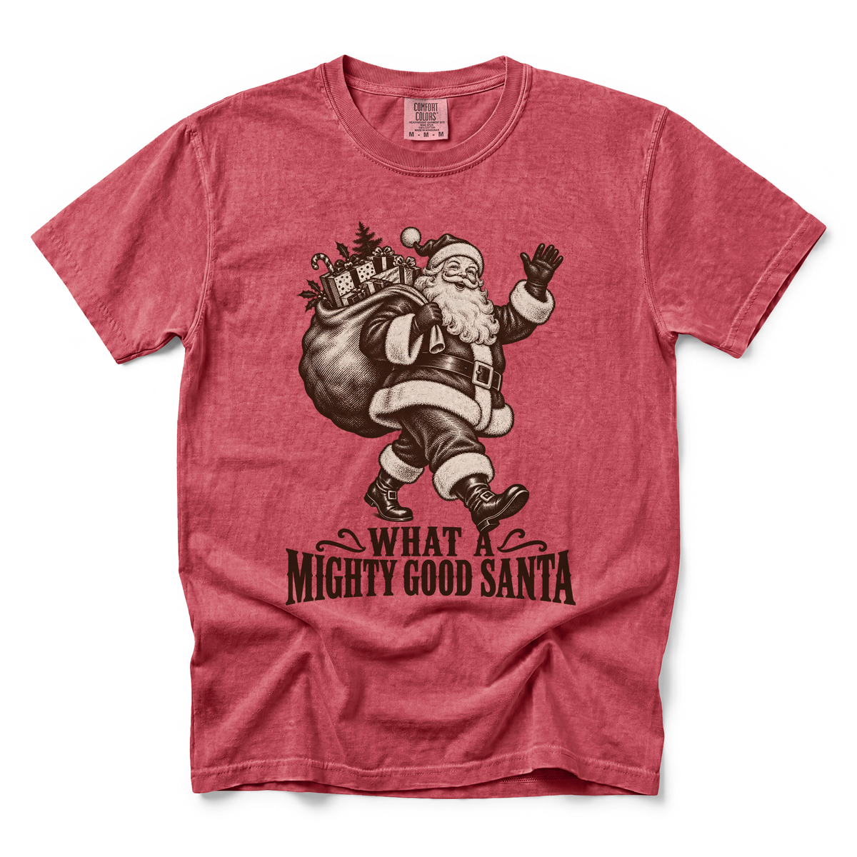 Mighty Good Santa graphic on Comfort Colors 1717 in Crimson
