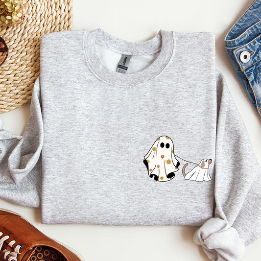 Ghost Walking Dog, Pocket Print, Cute, Animal Lover, Halloween, Cute Sweatshirt