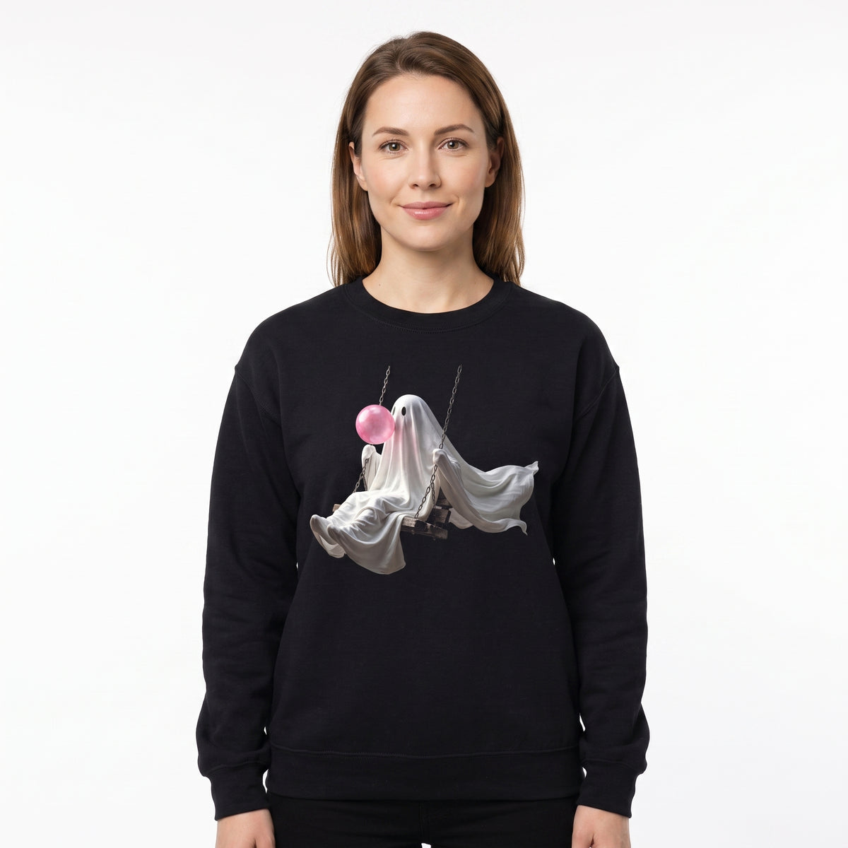 Model wearing the Ghost Blowing Bubblegum sweatshirt in Black, cover image 1