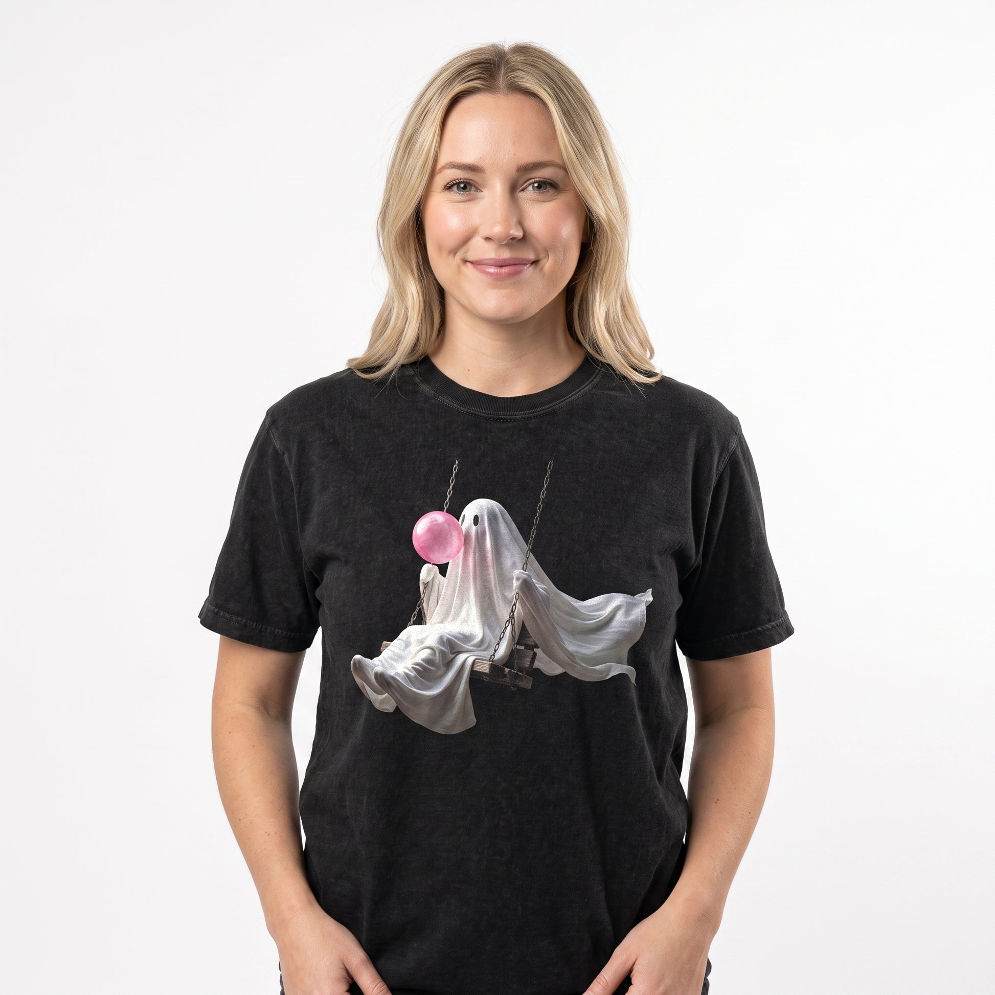 Model wearing the Ghost Blowing Bubblegum comfort colors tee in Black, cover image 1