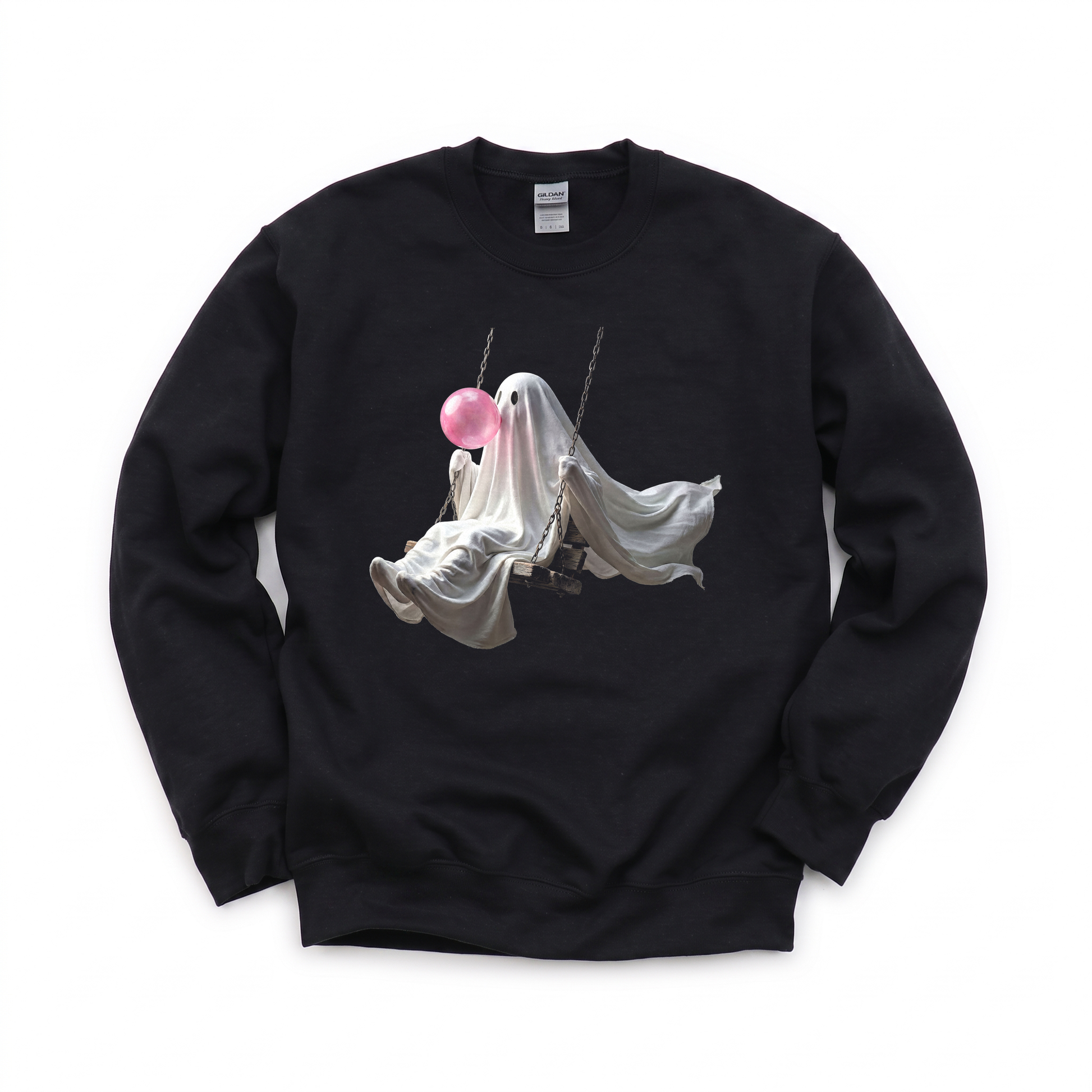Ghost Blowing Bubblegum graphic on Gildan 18000 in Black