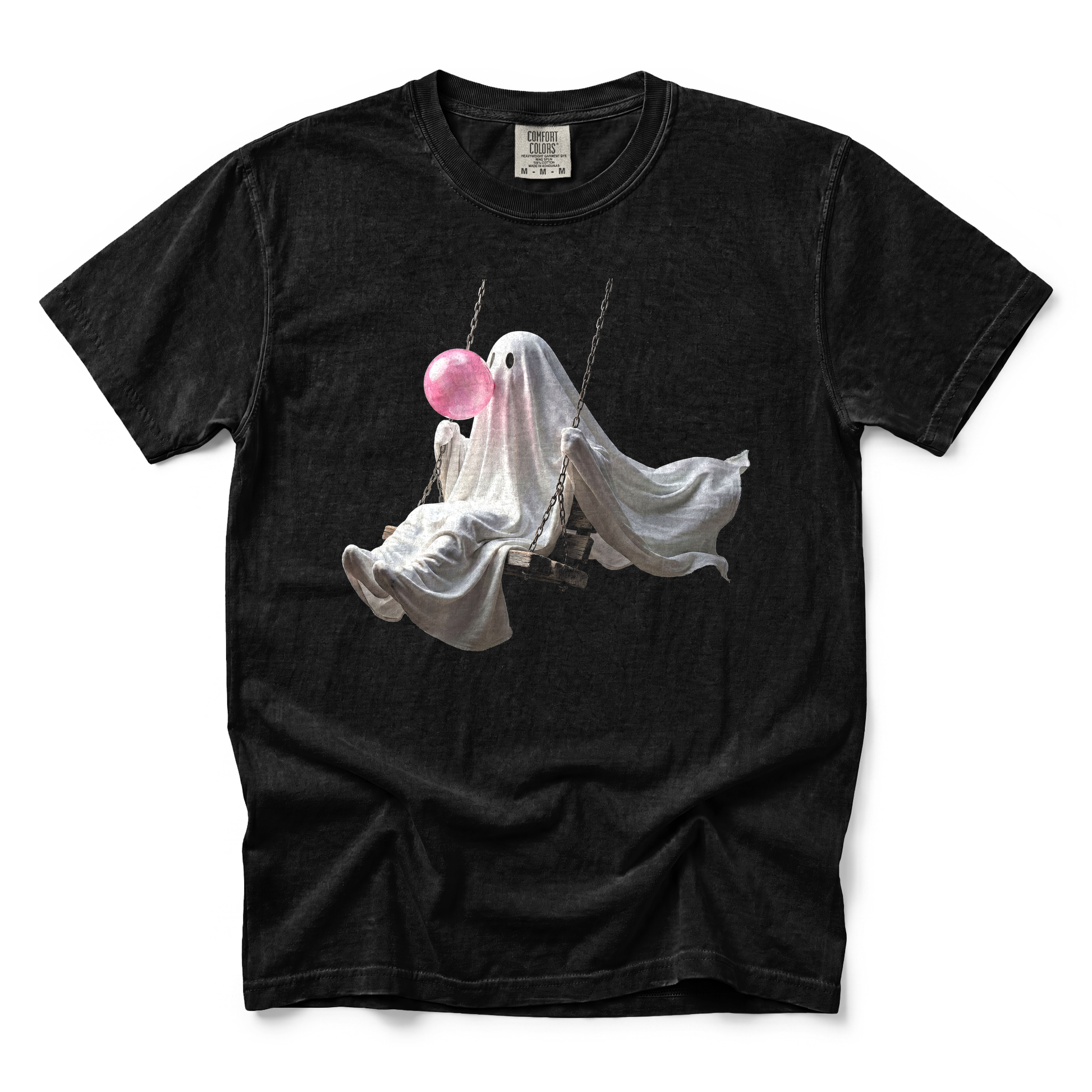 Ghost Blowing Bubblegum graphic on Comfort Colors 1717 in Black