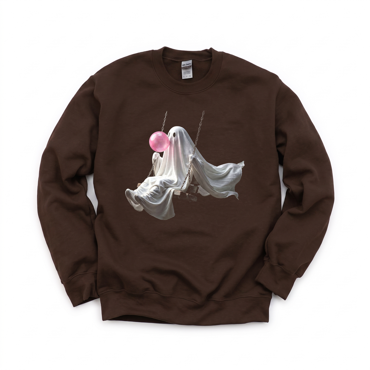 Ghost Blowing Bubblegum graphic on Gildan 18000 in Dark Chocolate