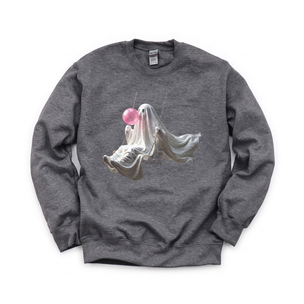 Ghost Blowing Bubblegum graphic on Gildan 18000 in Dark Heather