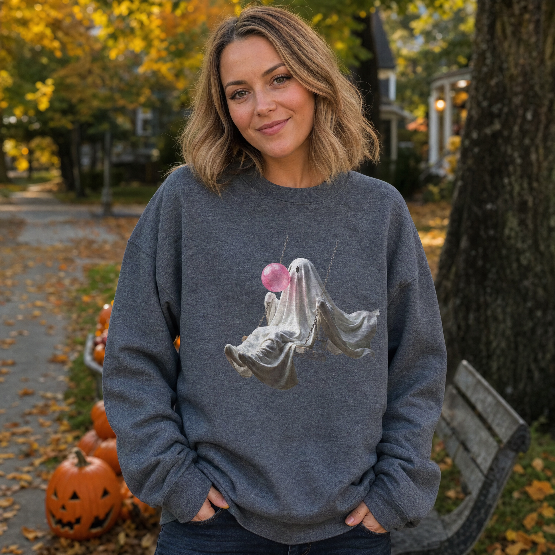 Model wearing the Ghost Blowing Bubblegum sweatshirt in Dark Heather