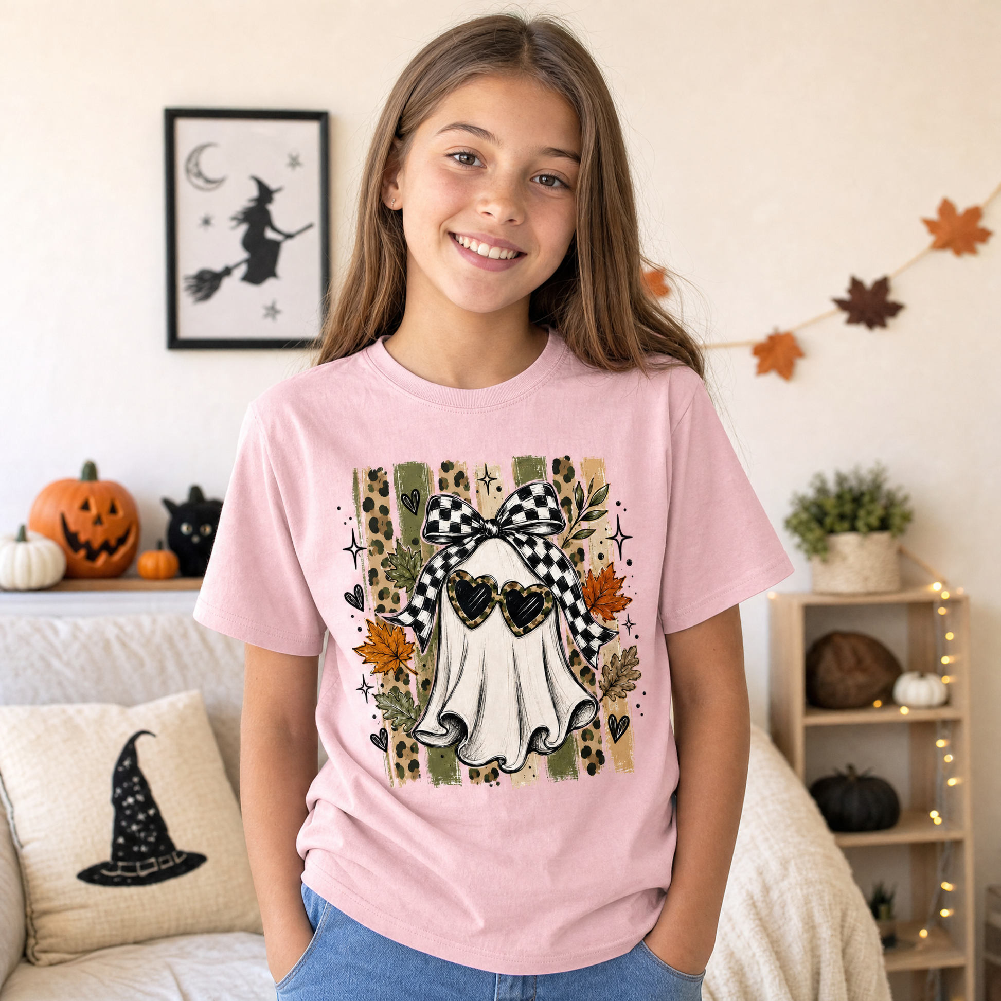 Model wearing the Ghost youth comfort colors tee in Blossom, lifestyle image 1