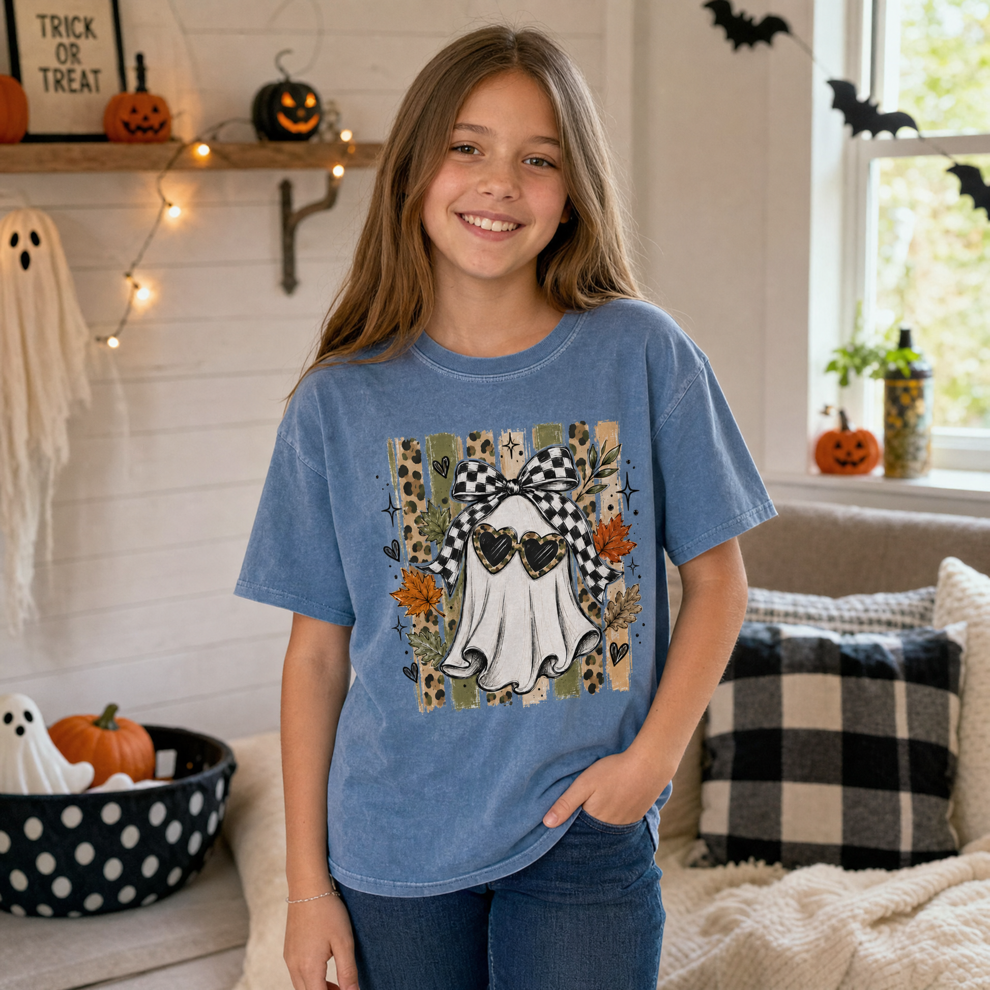 Model wearing the Ghost youth comfort colors tee in Blue Jean