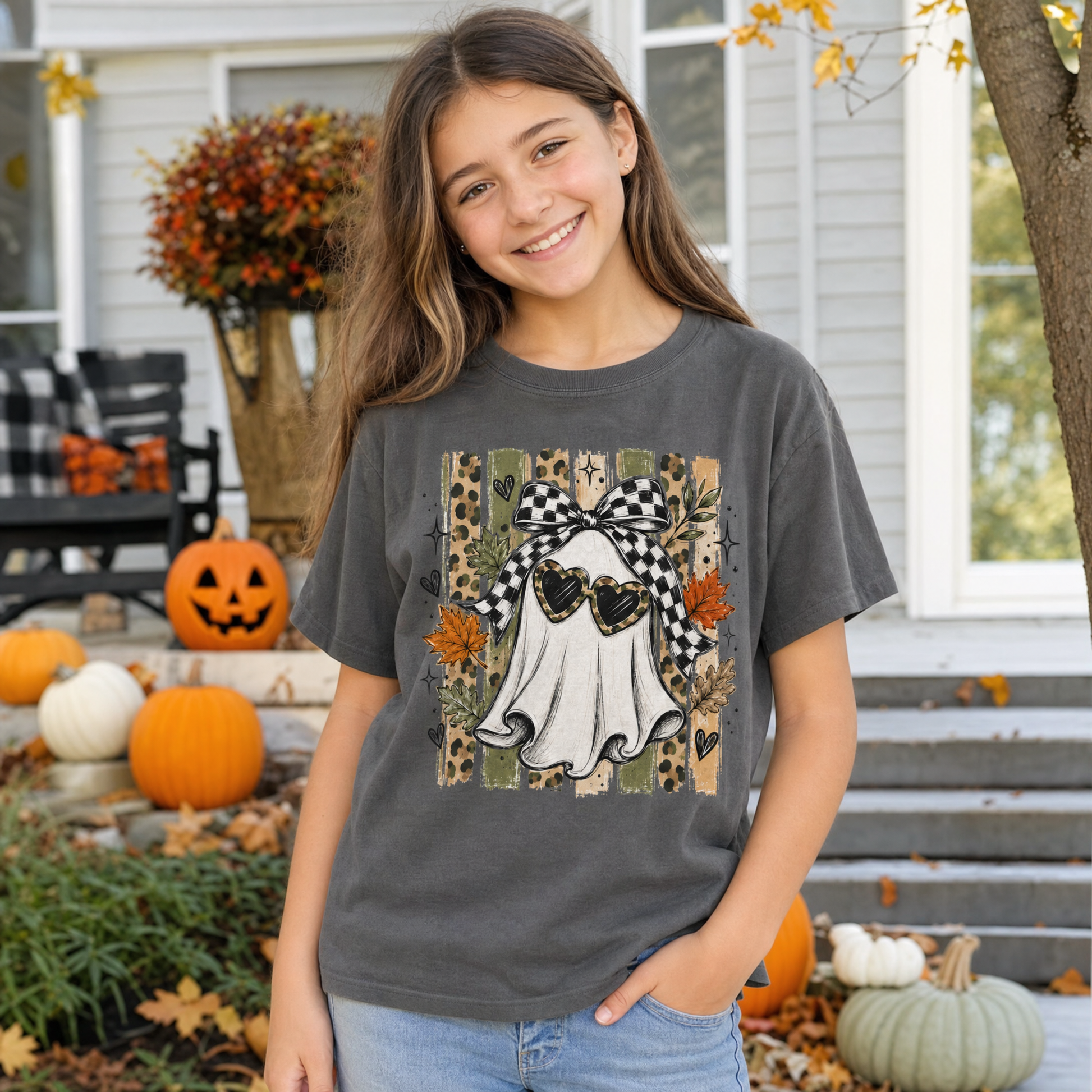 Model wearing the Ghost youth comfort colors tee in Pepper