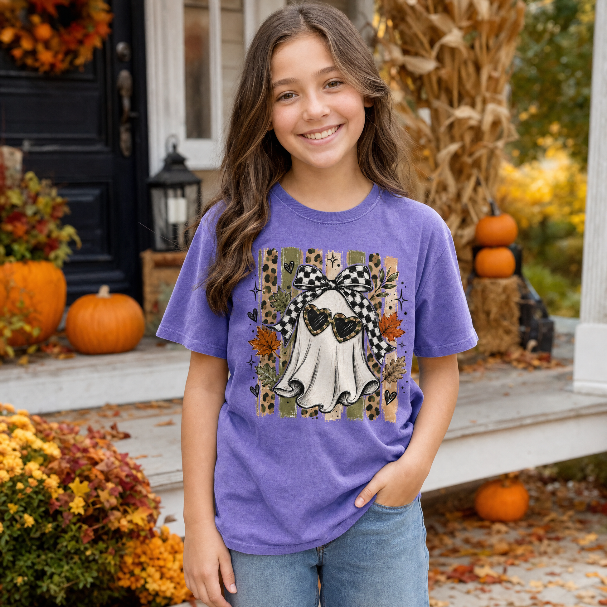 Model wearing the Ghost youth comfort colors tee in Violet
