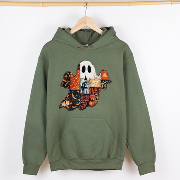 Ghost, Faux Quilt, Classic, Cute, Trad, Halloween, Fall, Autumn, Graphic Hoodie, Hooded Sweatshirt
