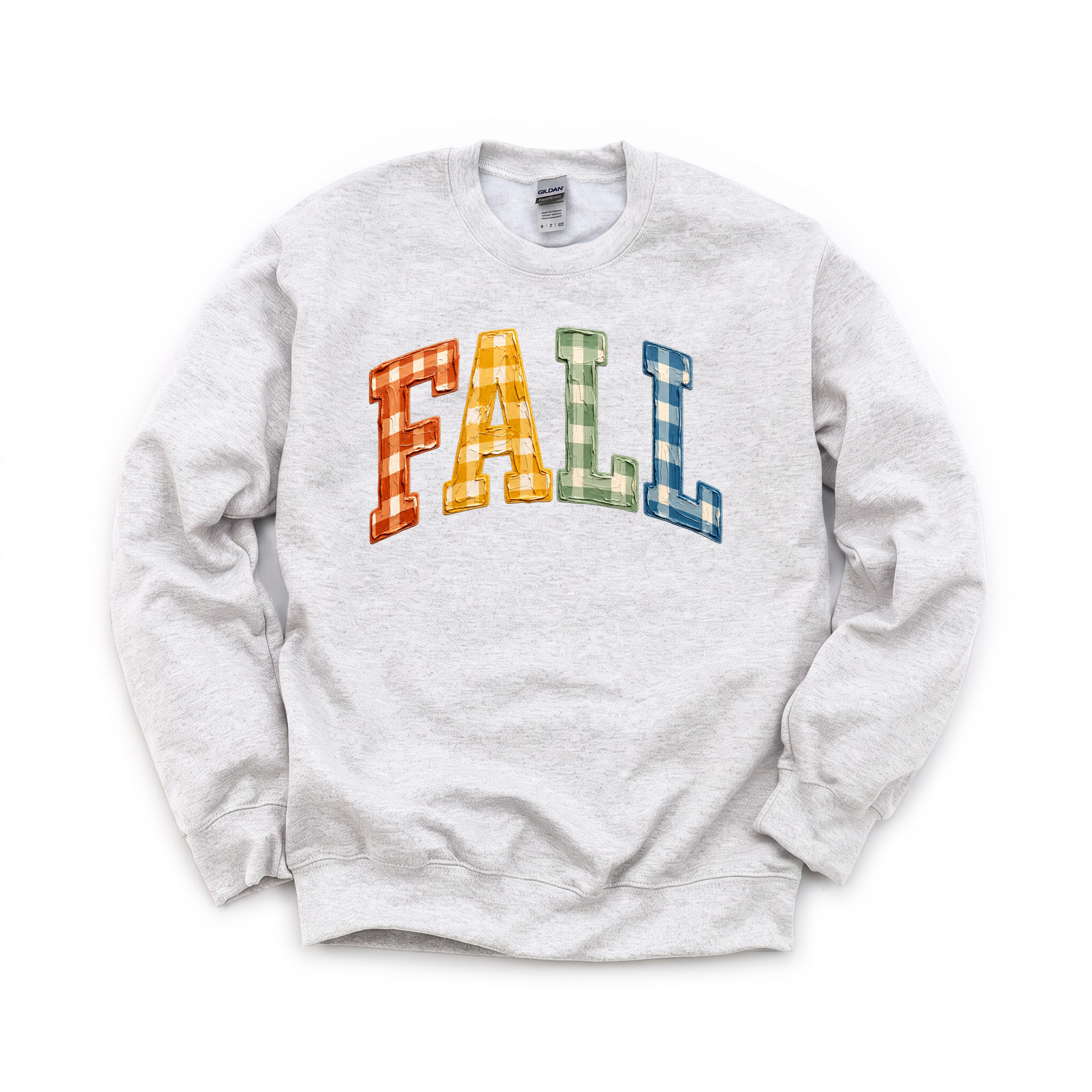 Gingham Fall Letters graphic on Gildan 18000 in Ash