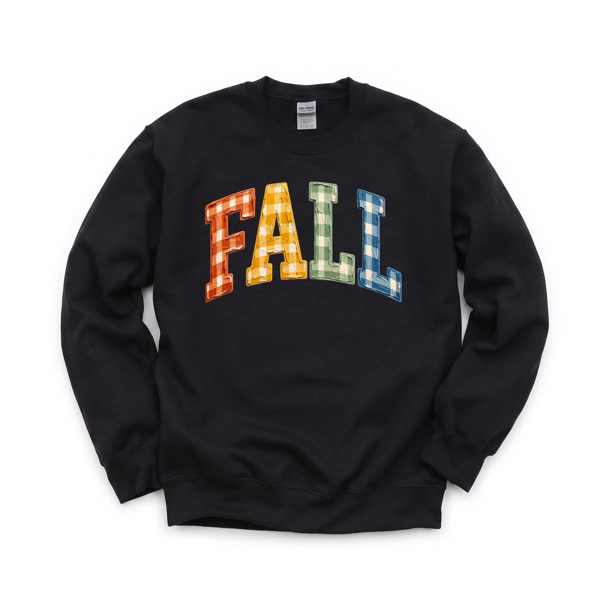 Gingham Fall Letters graphic on Gildan 18000 in Black