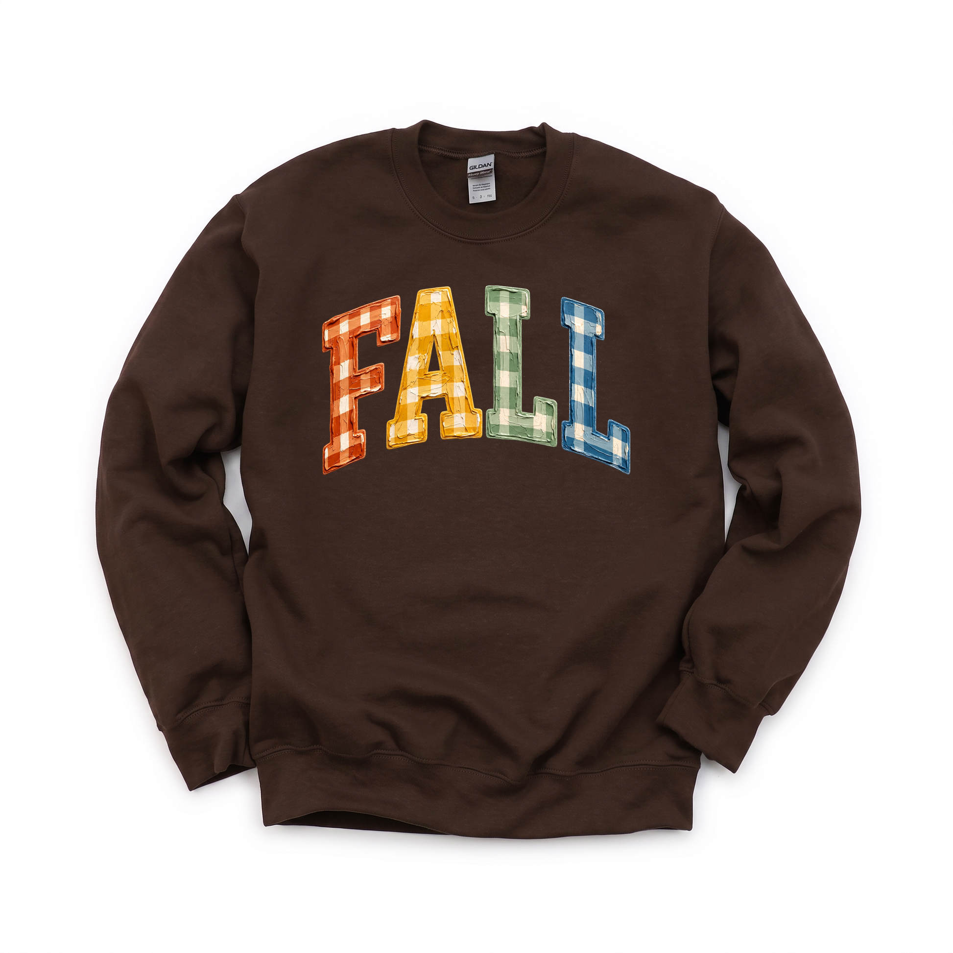 Gingham Fall Letters graphic on Gildan 18000 in Dark Chocolate