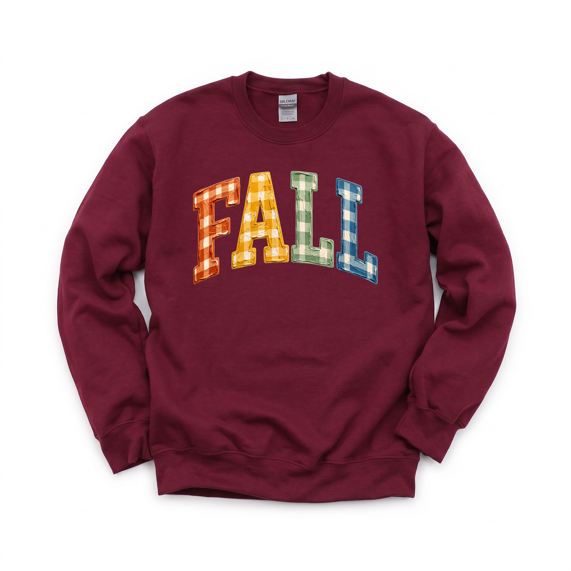Gingham Fall Letters graphic on Gildan 18000 in Maroon