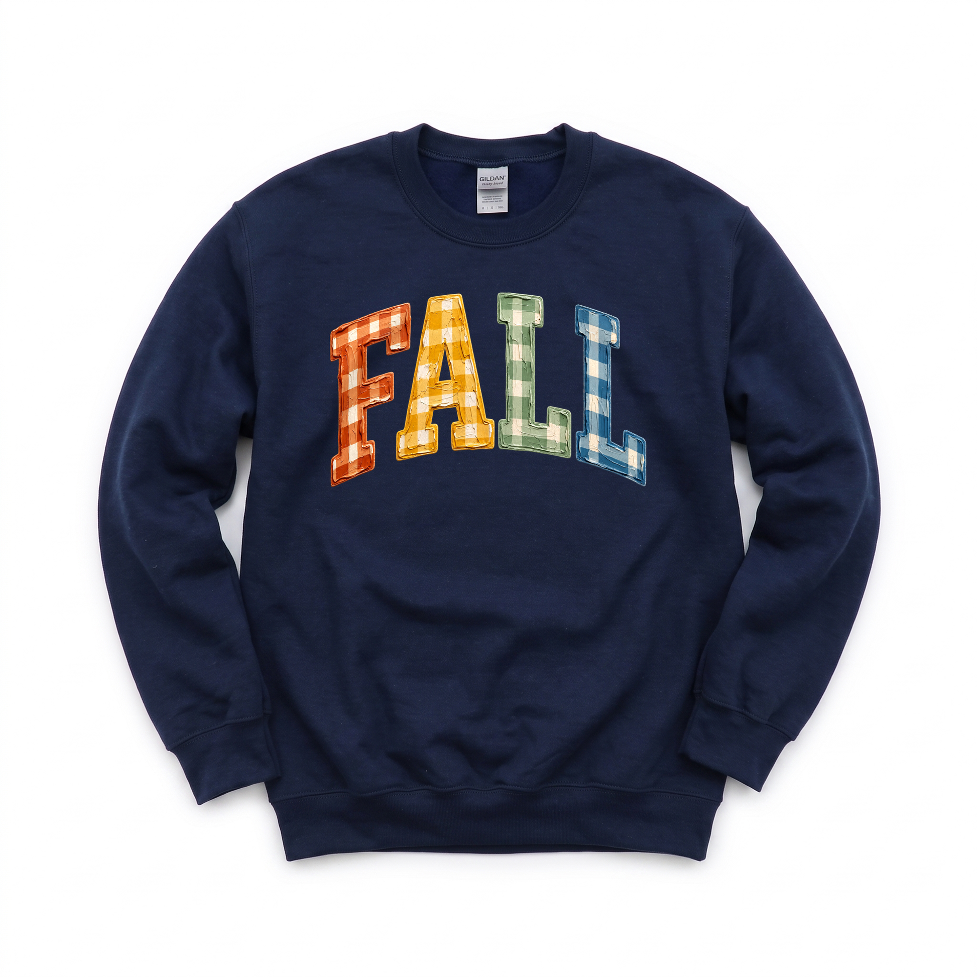 Gingham Fall Letters graphic on Gildan 18000 in Navy