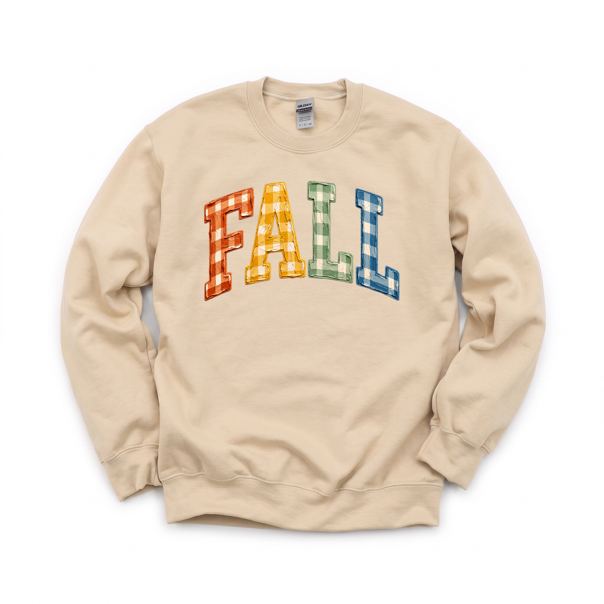 Gingham Fall Letters graphic on Gildan 18000 in Sand