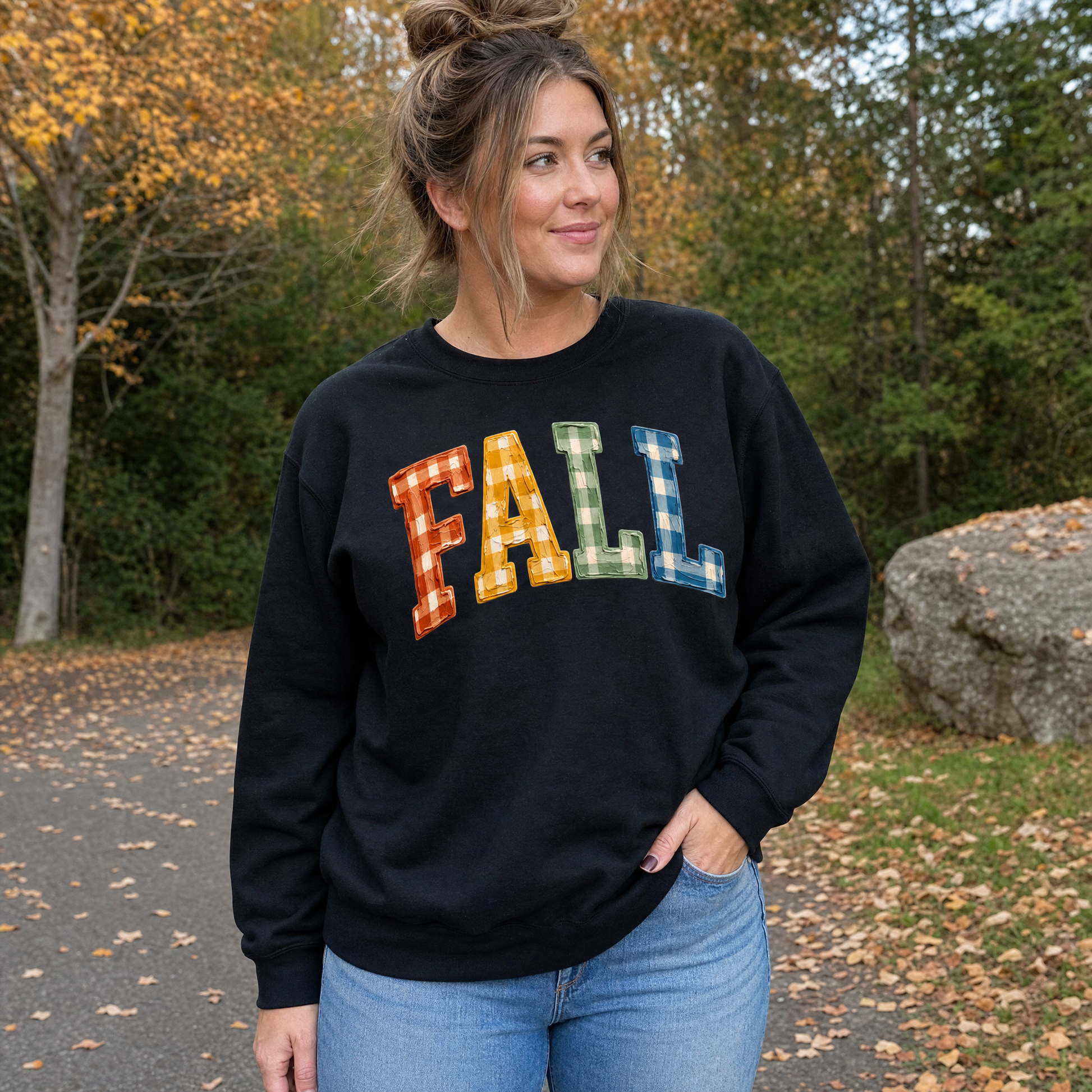 Model wearing the Gingham Fall Letters sweatshirt in Black
