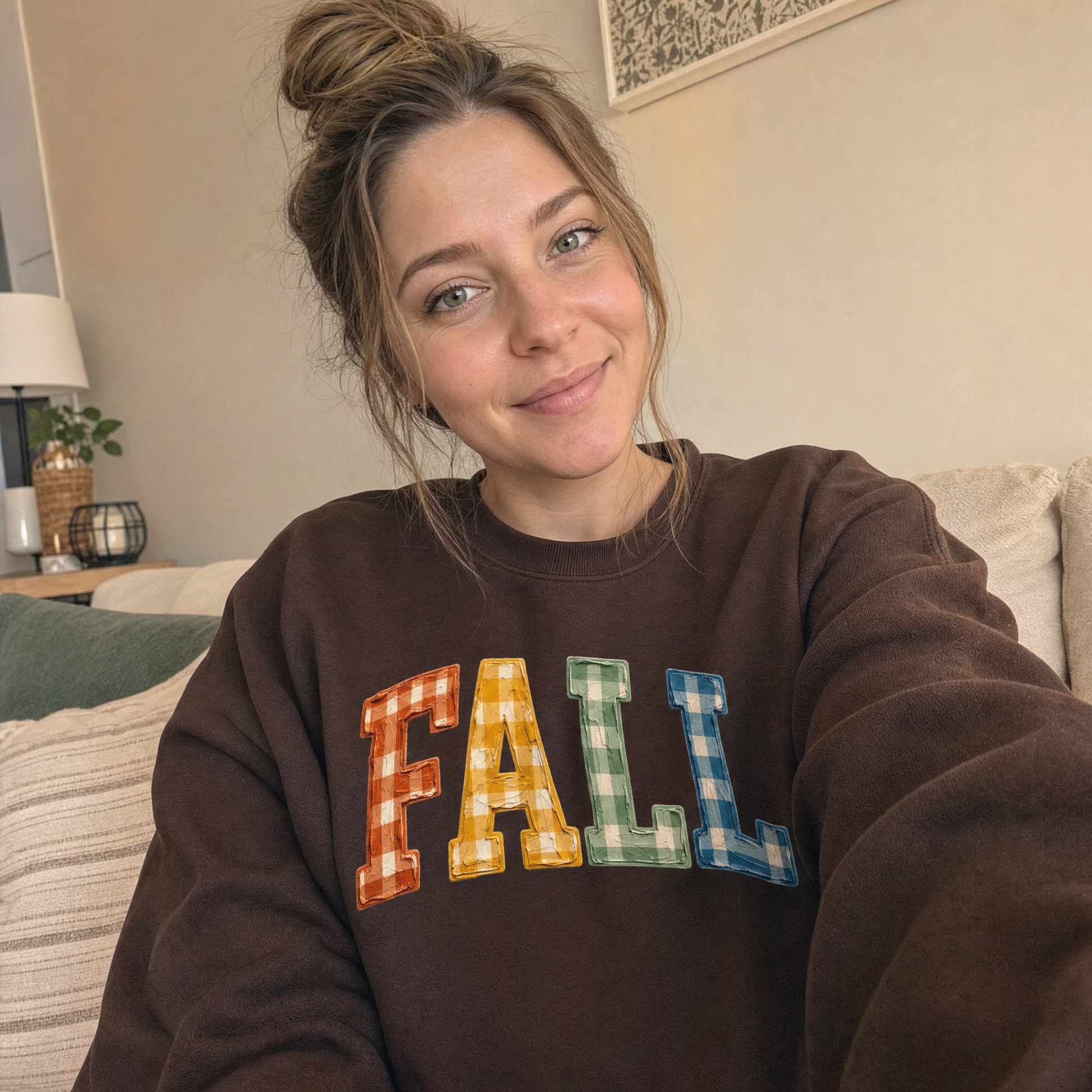 Model wearing the Gingham Fall Letters sweatshirt in Dark Chocolate