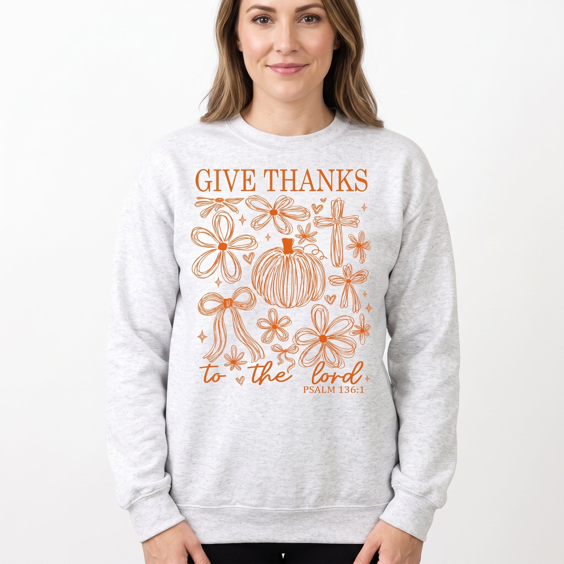 Model wearing the Give Thanks To The Lord sweatshirt in Ash, cover image 1