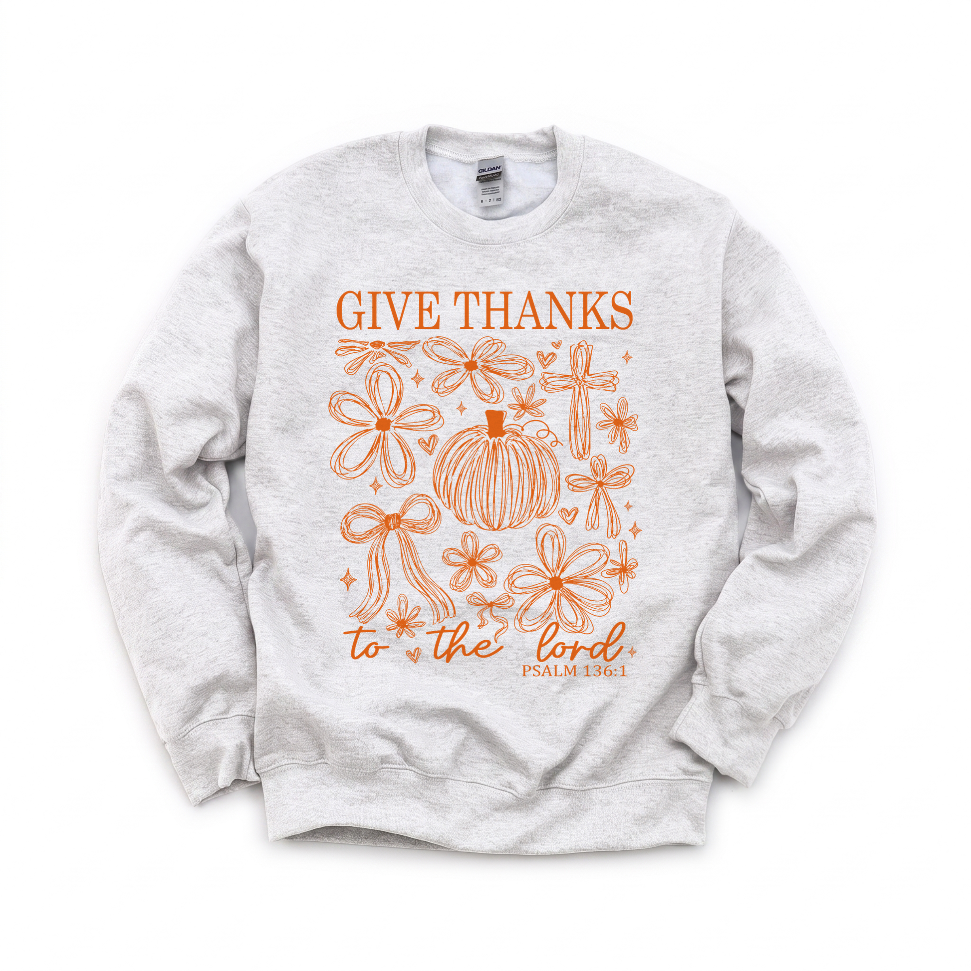 Give Thanks To The Lord graphic on Gildan 18000 in Ash